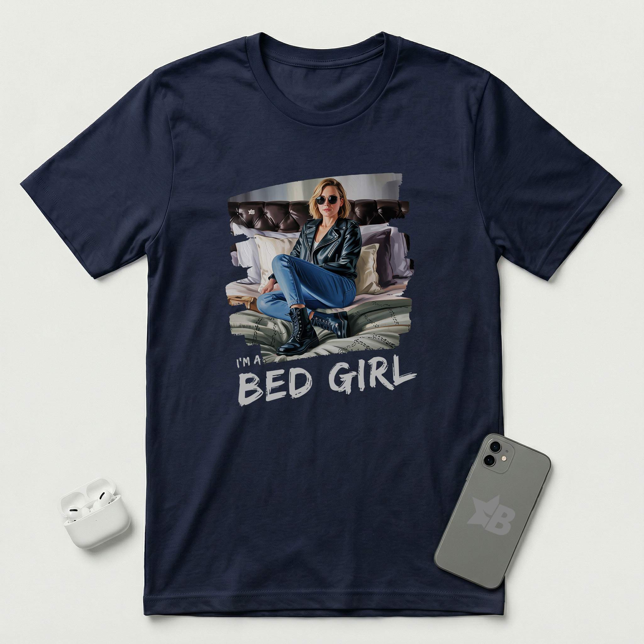 I'm a Bed Girl - Golden Flame - T-Shirt - Navy mockup