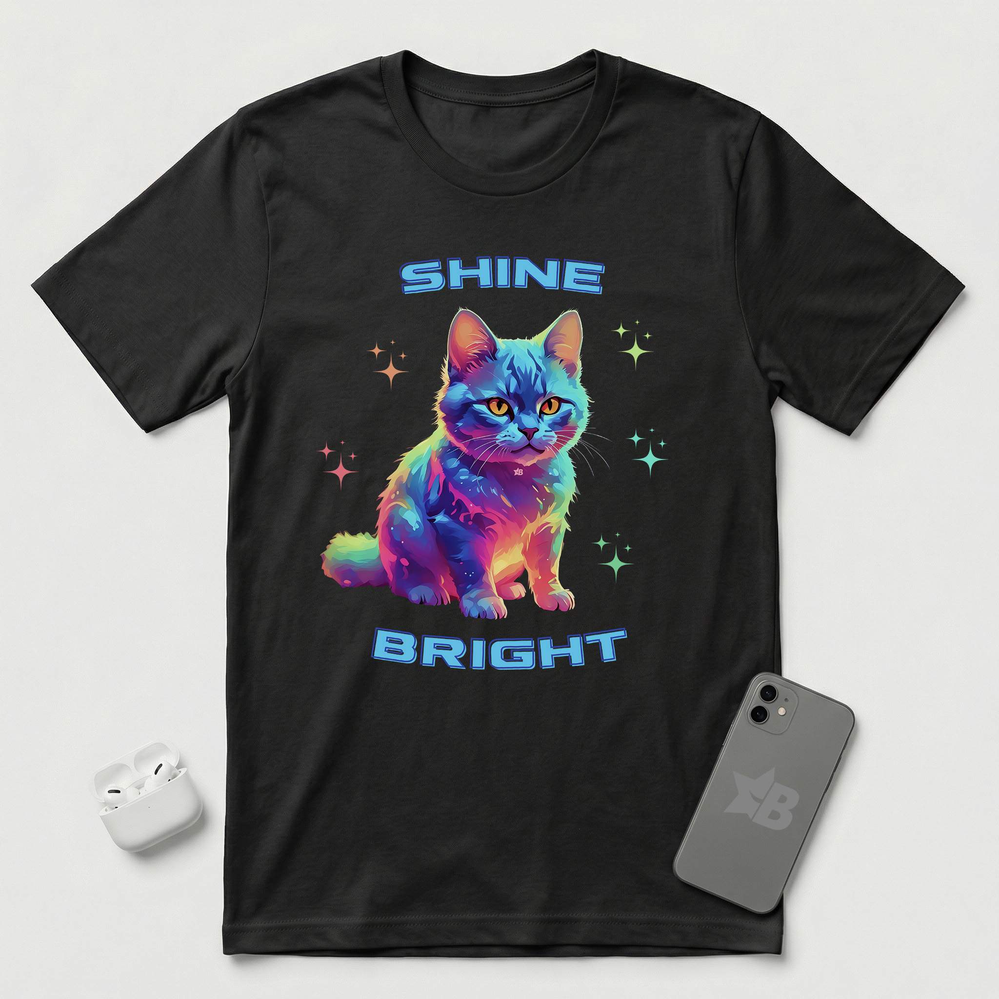 Shine Bright - Multicolored Cat - T-Shirt - Black mockup