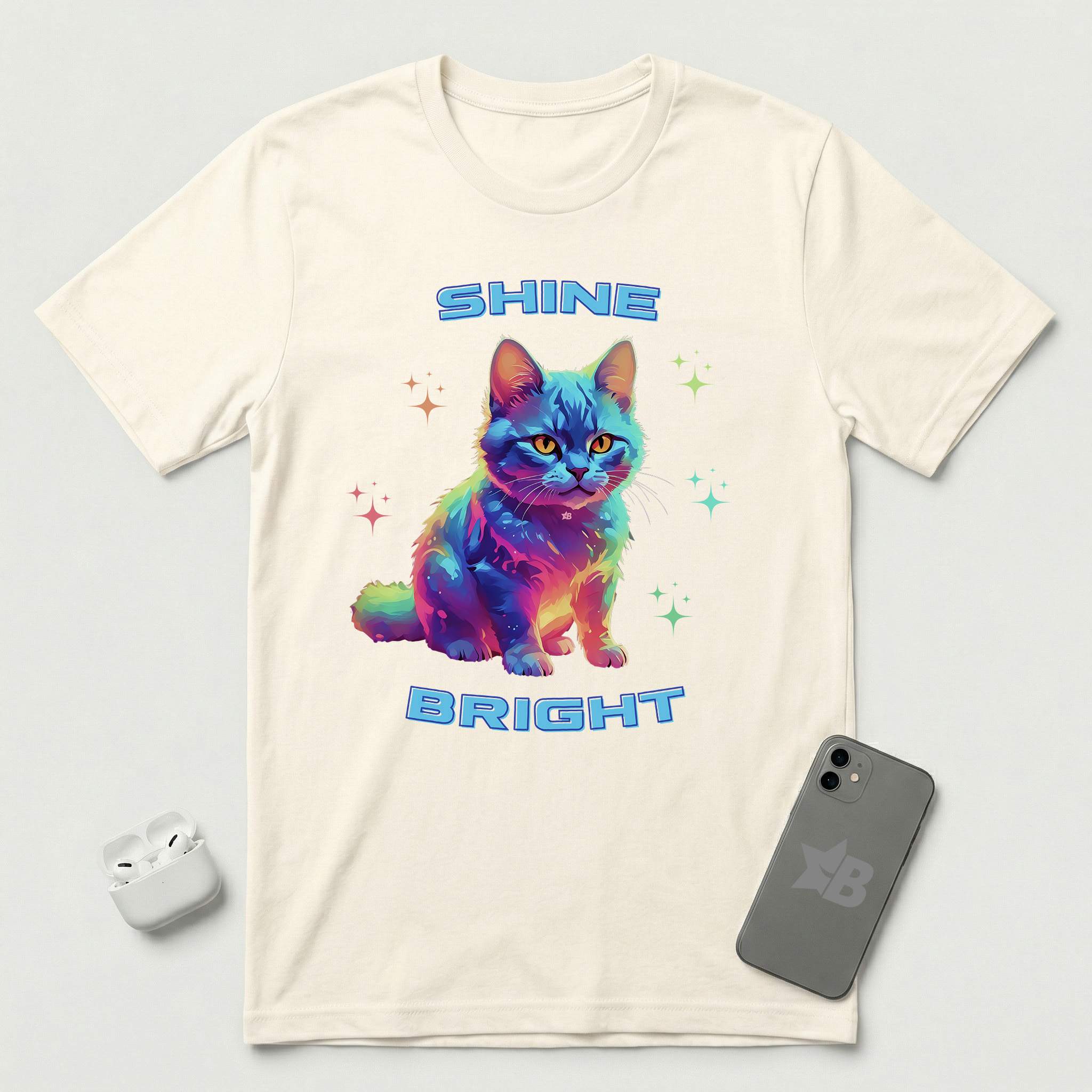 Shine Bright - Multicolored Cat - T-Shirt - Natural mockup