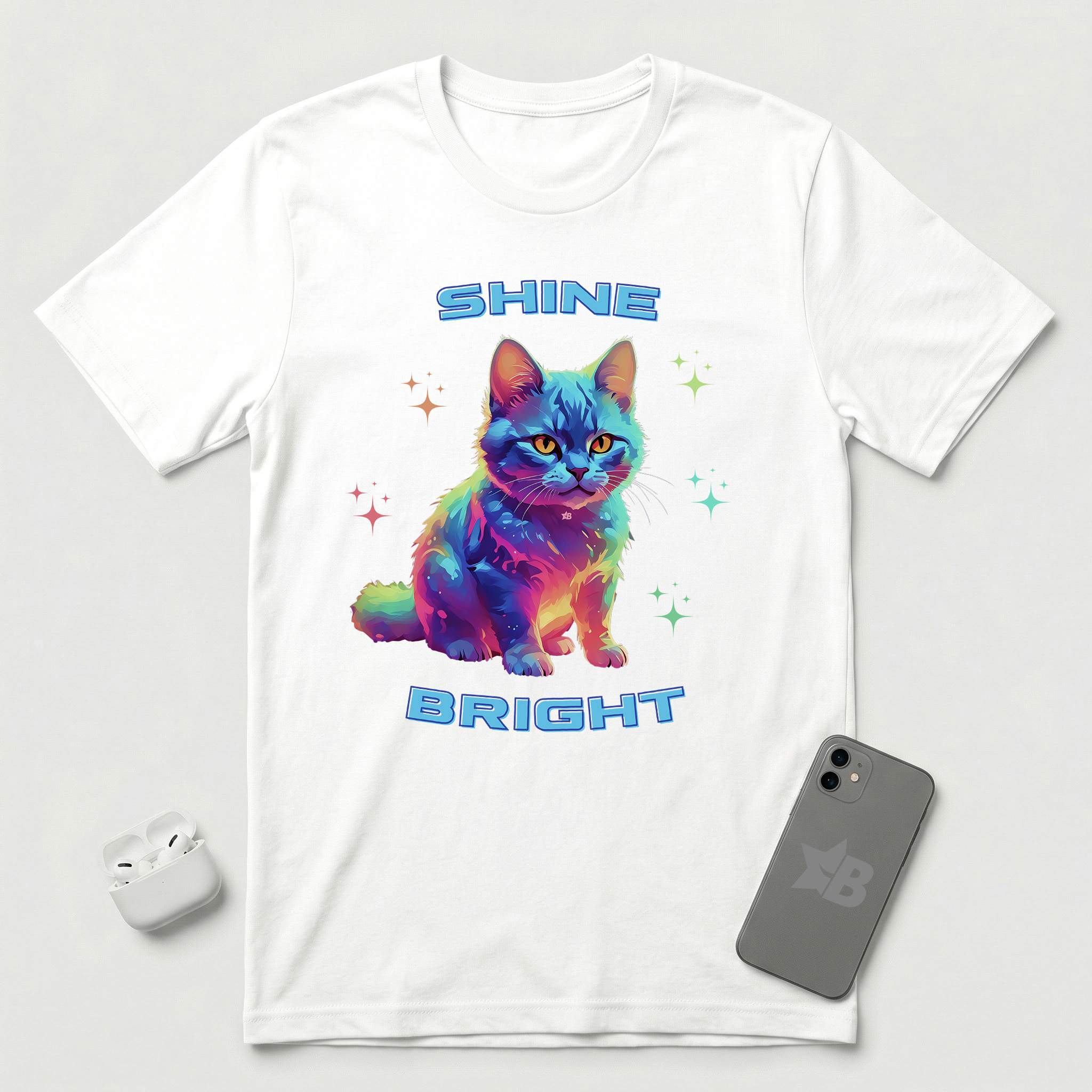 Shine Bright - Multicolored Cat - T-Shirt - White mockup