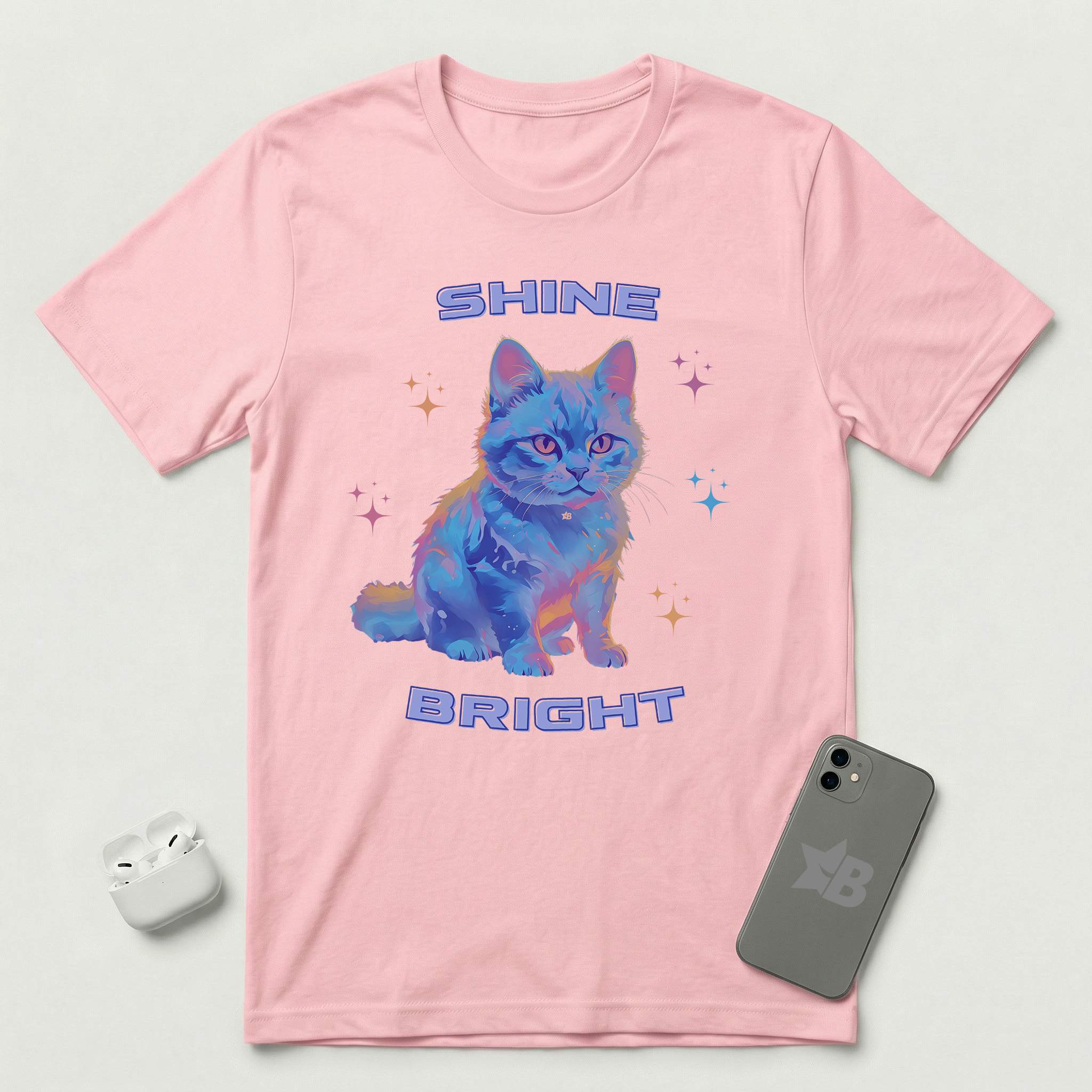 Shine Bright - Light Blue Cat - T-Shirt - Pink mockup