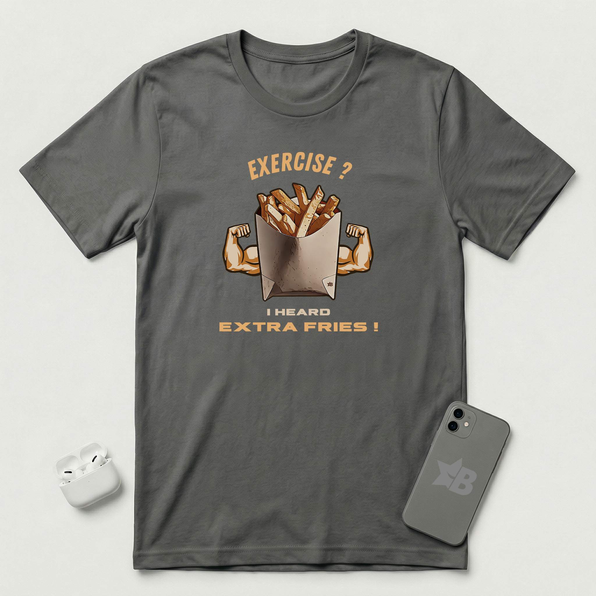 Exercise vs Extra Fries - T-Shirt - Asphalt mockup
