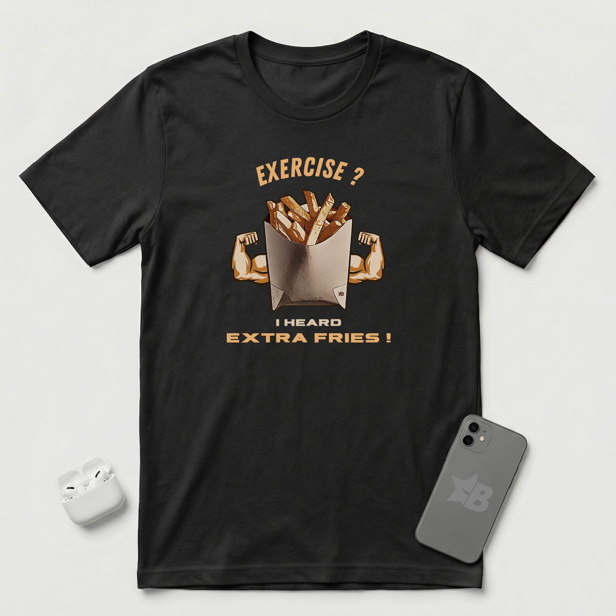 Exercise vs Extra Fries - T-Shirt - Black mockup