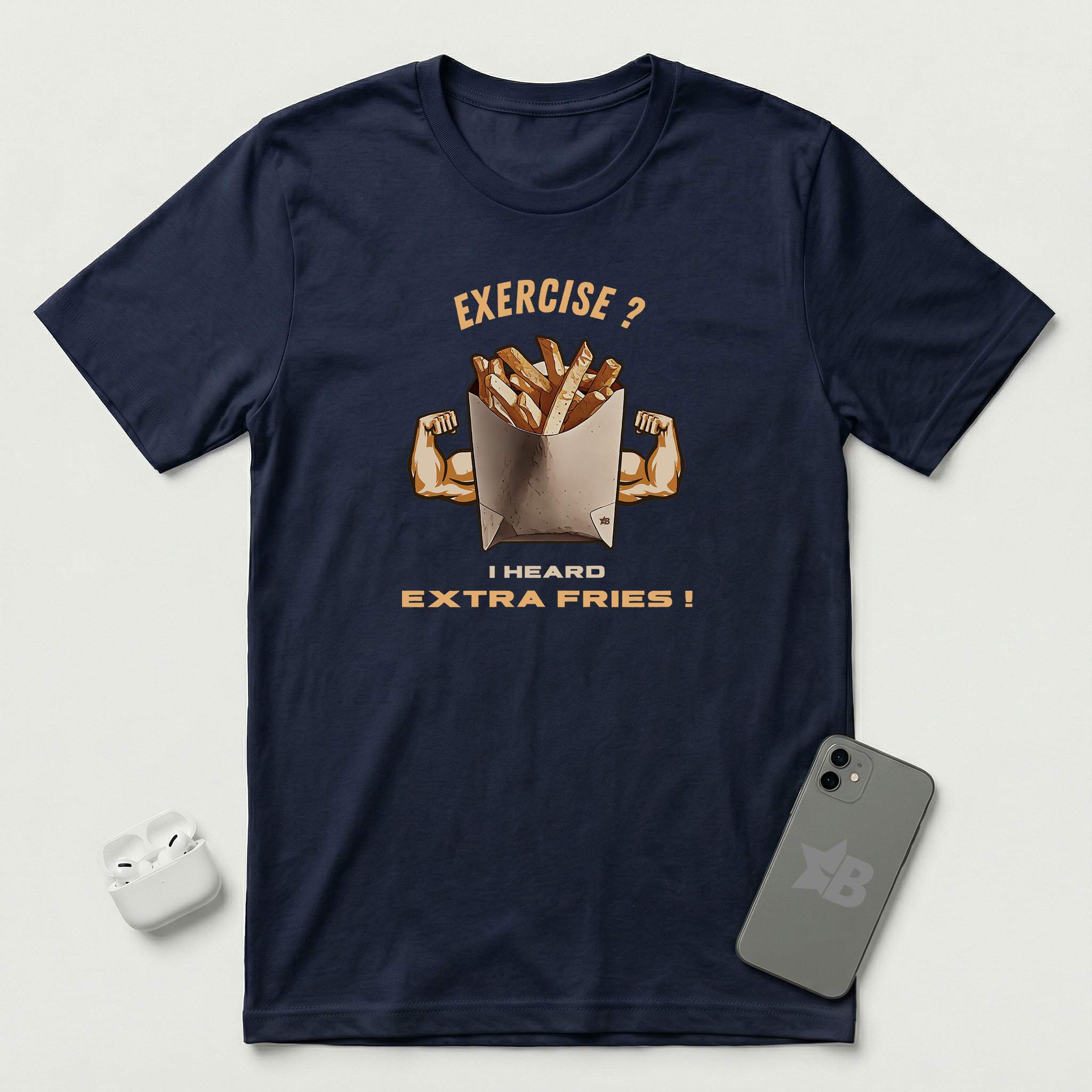 Exercise vs Extra Fries - T-Shirt - Navy mockup