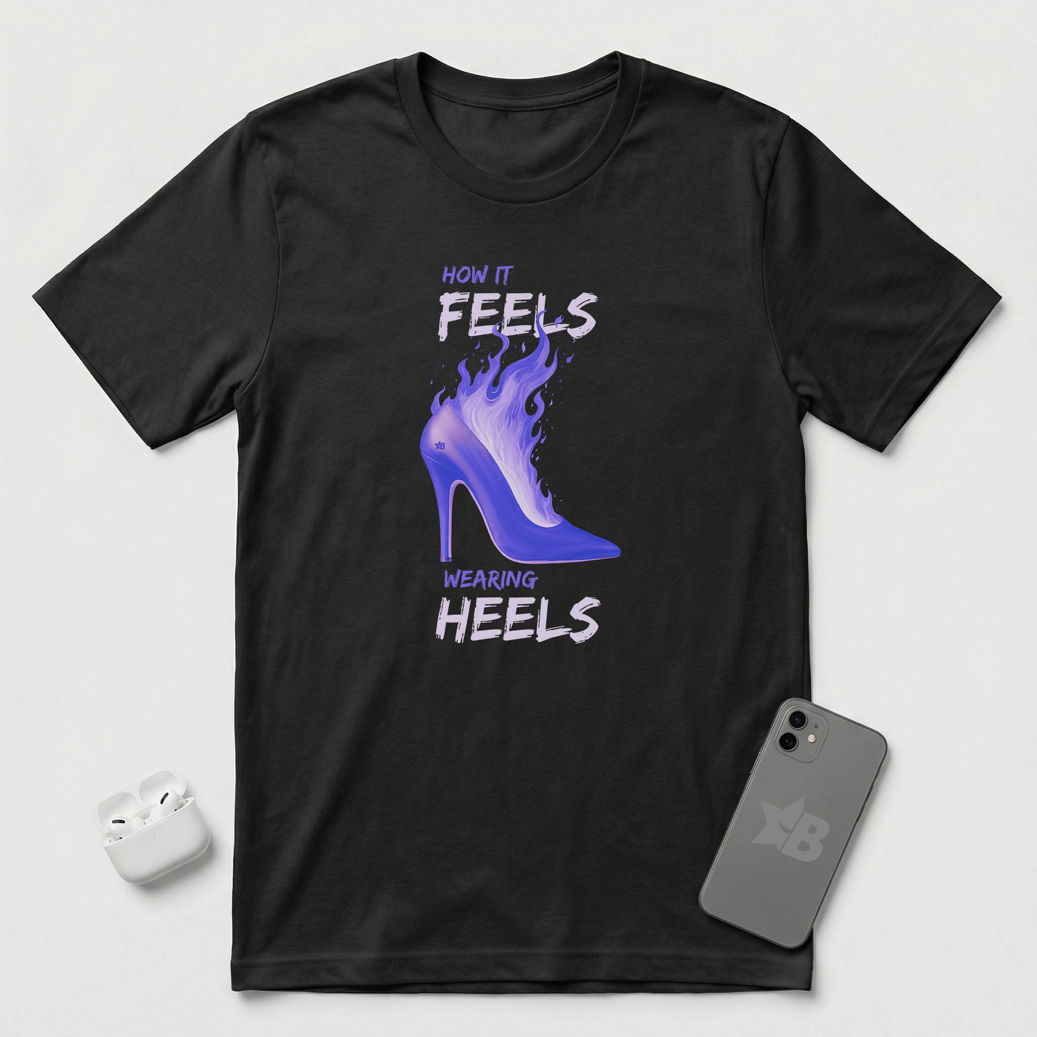 How it Feels Wearing Heels - Purple Shoe - T-Shirt - Black mockup