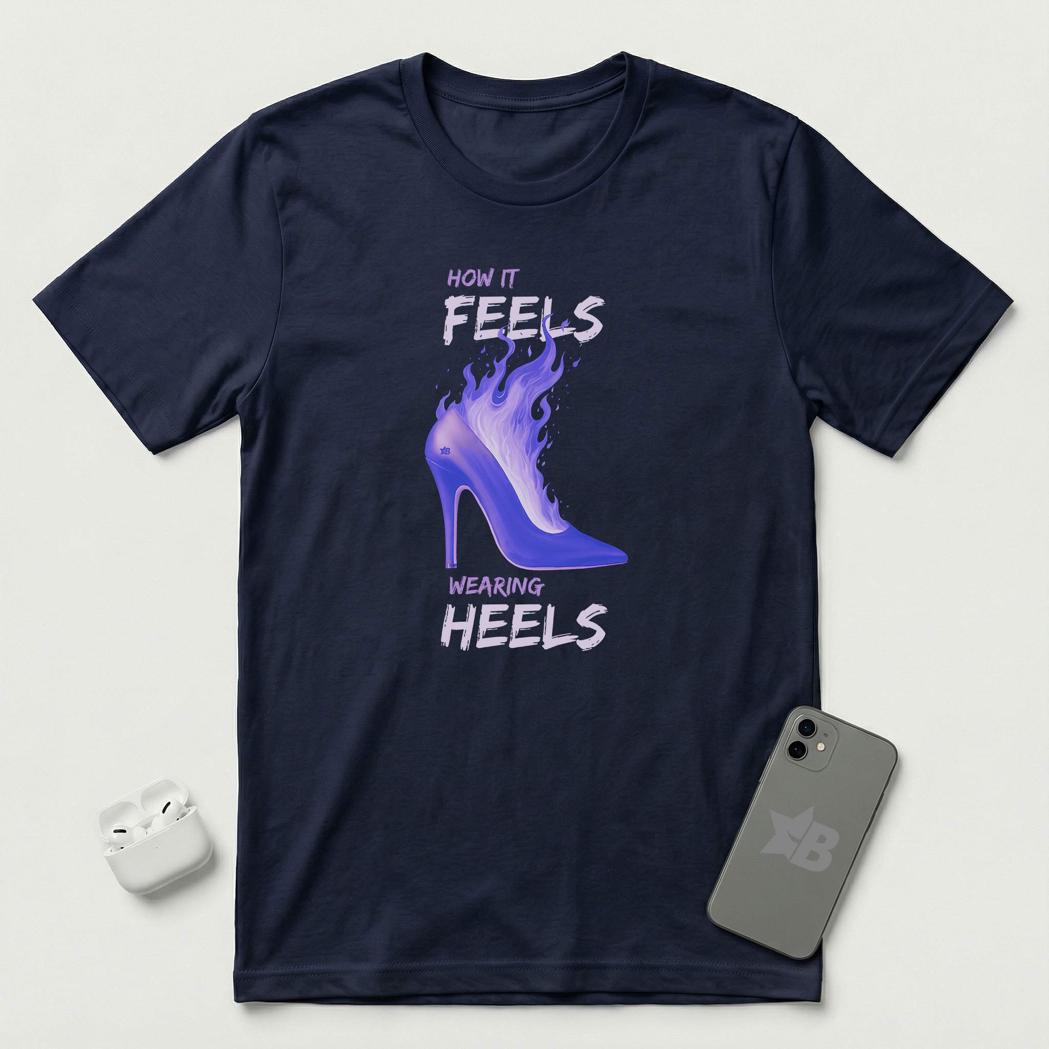 How it Feels Wearing Heels - Purple Shoe - T-Shirt - Navy mockup