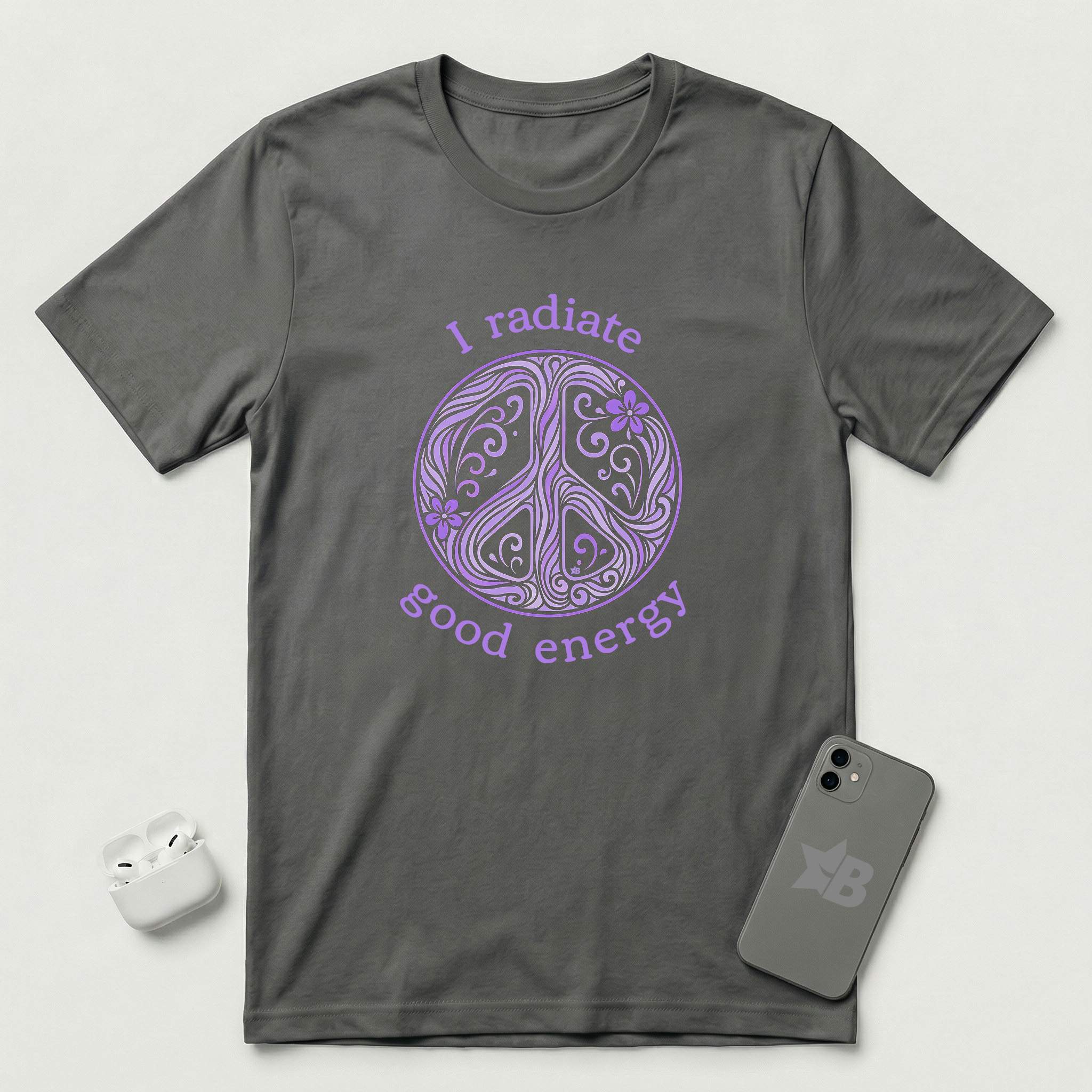 I Radiate Good Energy - Purple Peace Sign - T-Shirt - Asphalt mockup