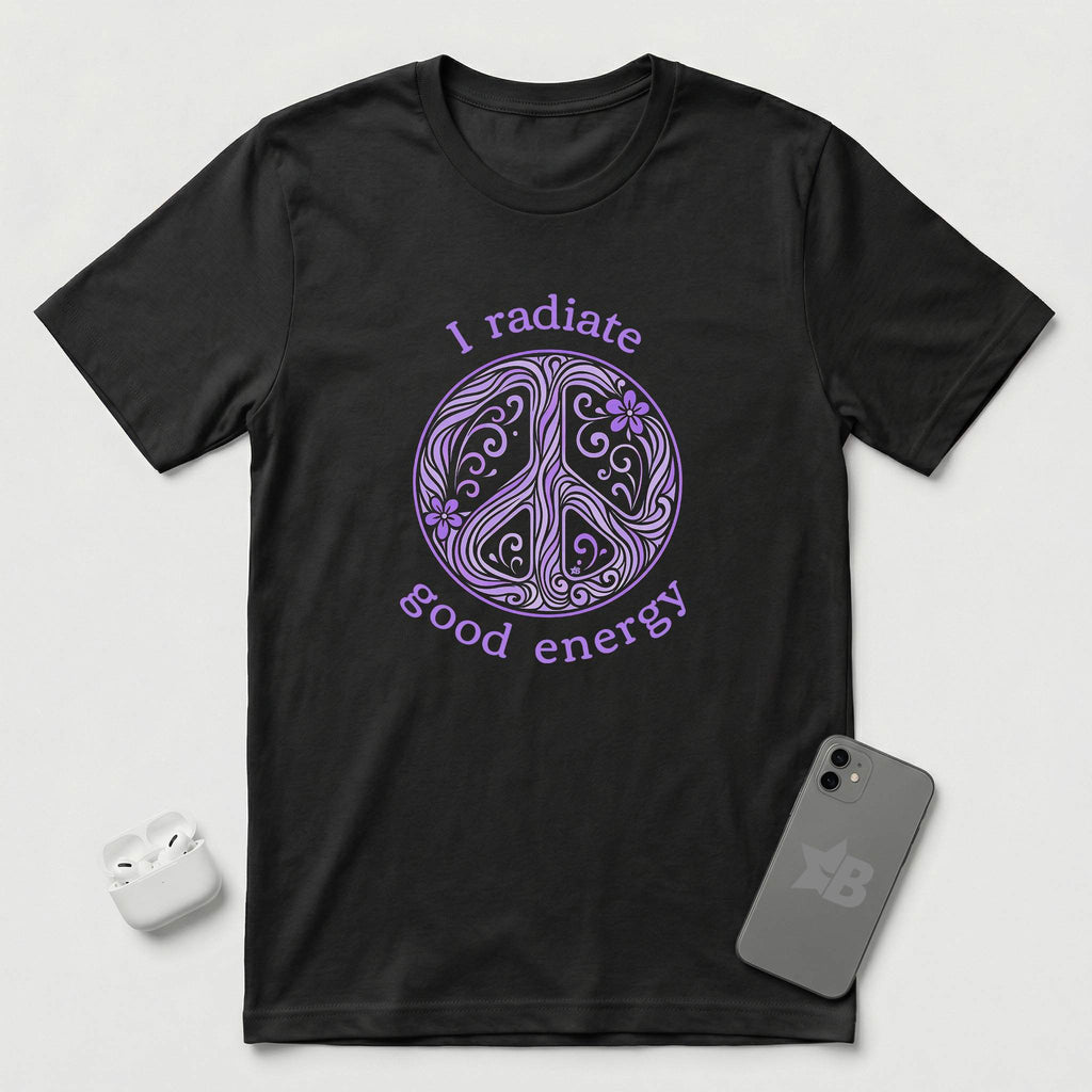 I Radiate Good Energy - Purple Peace Sign - T-Shirt - Black mockup
