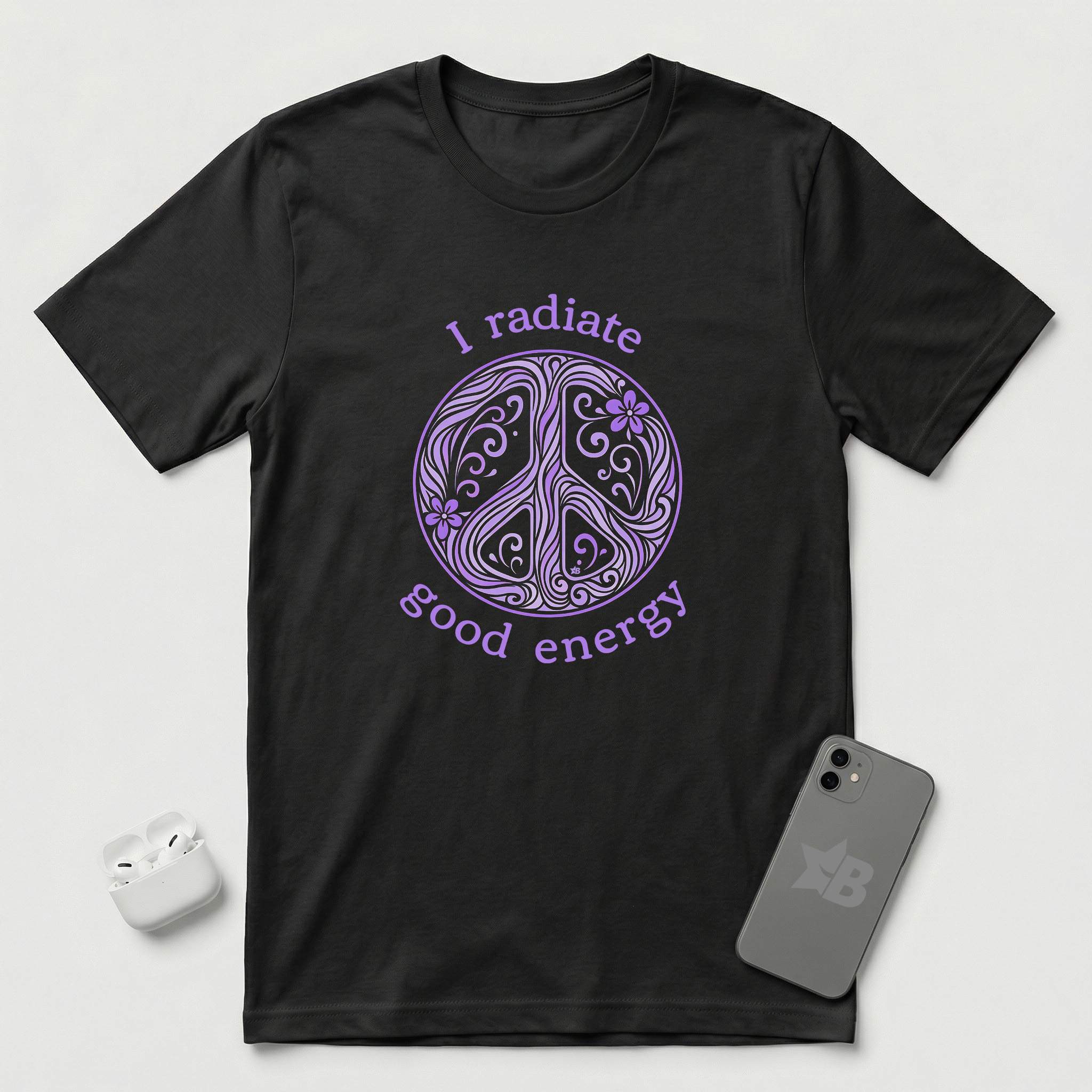 I Radiate Good Energy - Purple Peace Sign - T-Shirt - Black mockup
