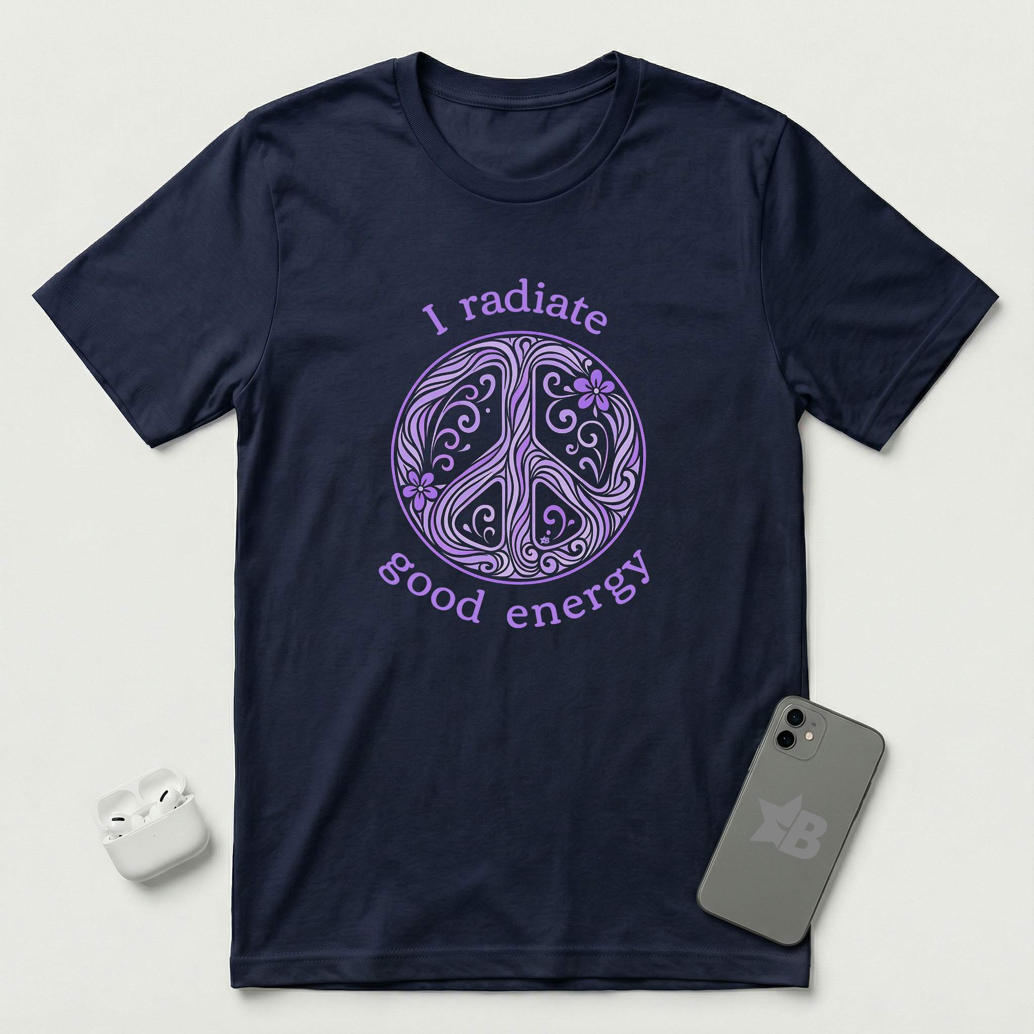 I Radiate Good Energy - Purple Peace Sign - T-Shirt - Navy mockup