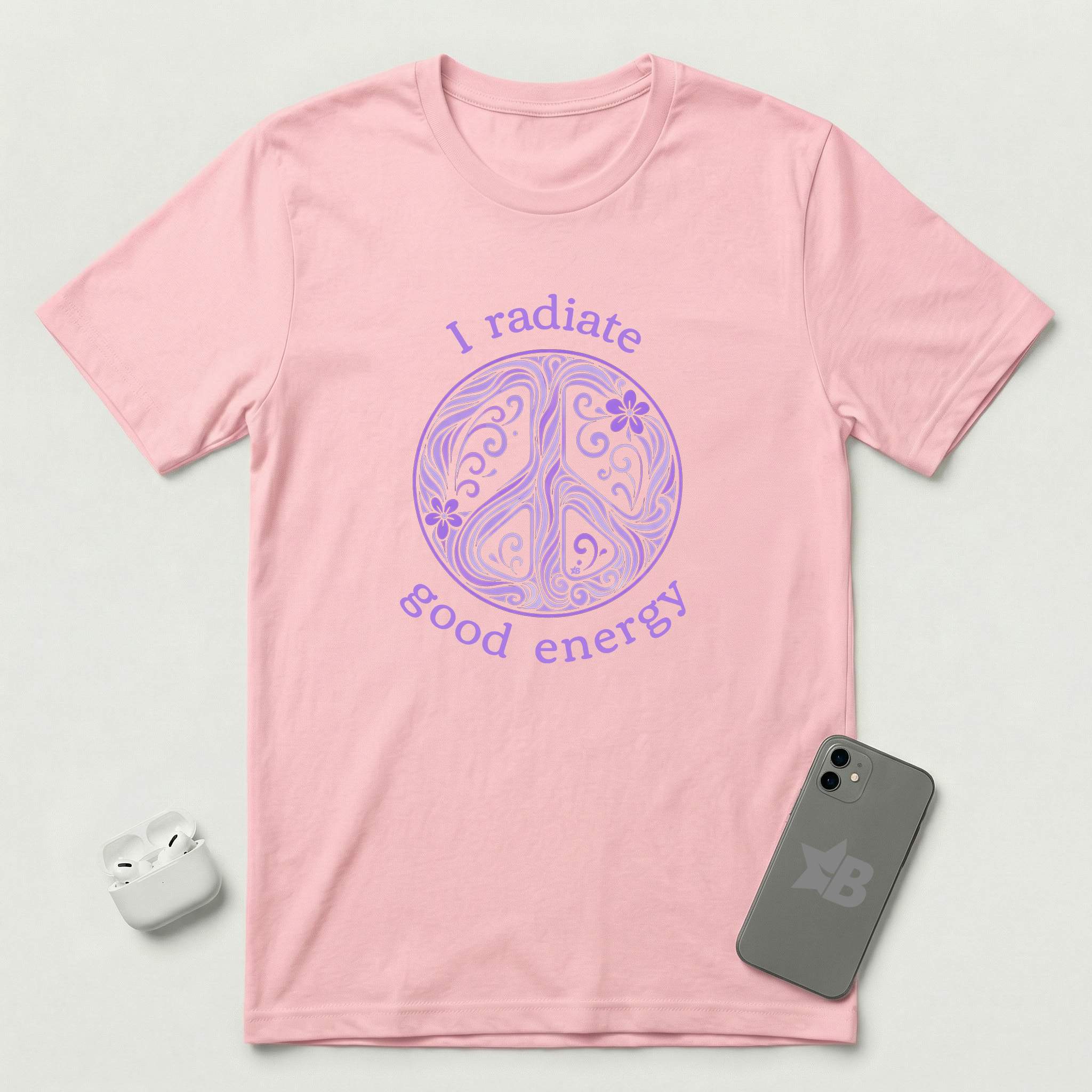 I Radiate Good Energy - Purple Peace Sign - T-Shirt - Pink mockup