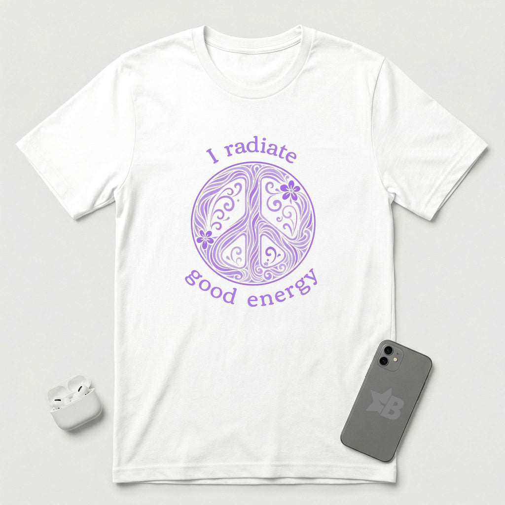 I Radiate Good Energy - Purple Peace Sign - T-Shirt - White mockup