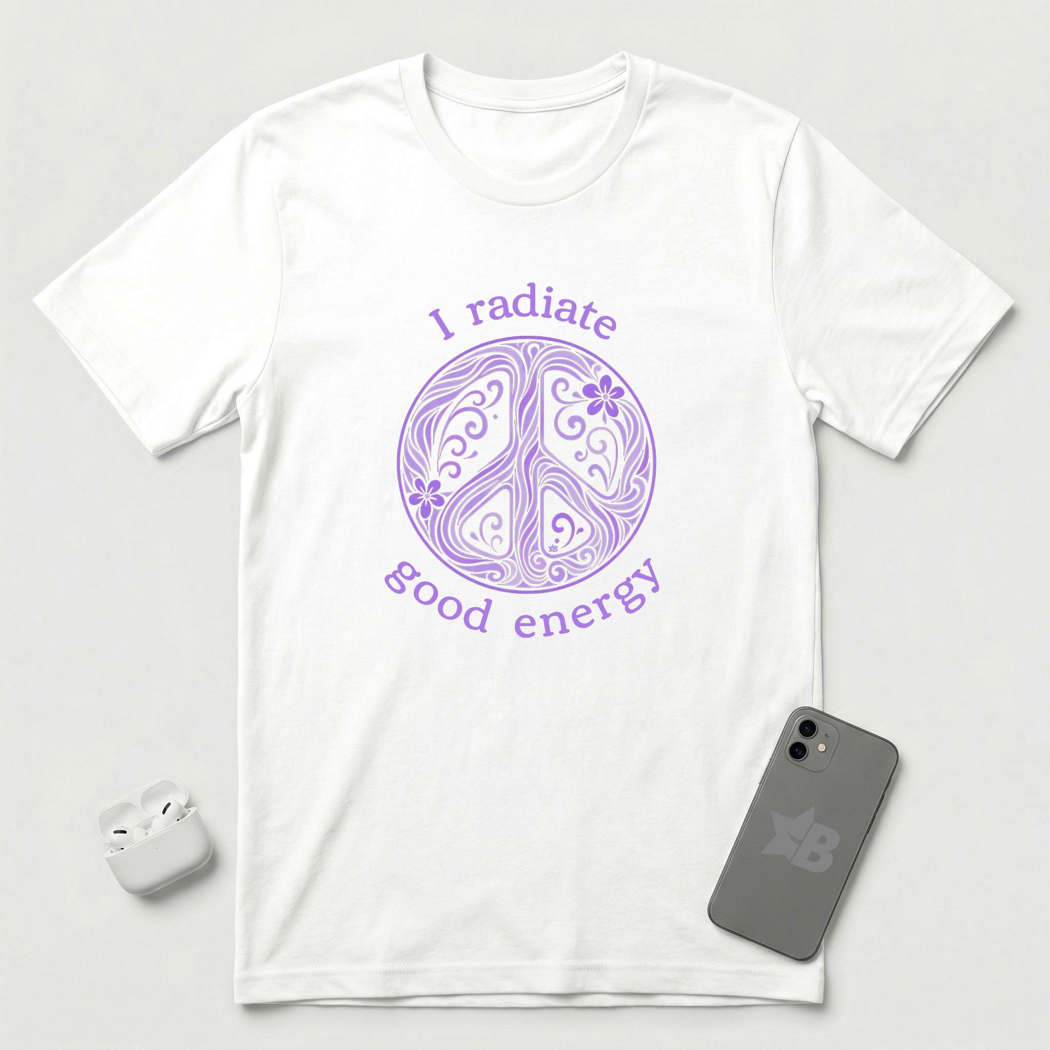 I Radiate Good Energy - Purple Peace Sign - T-Shirt - White mockup