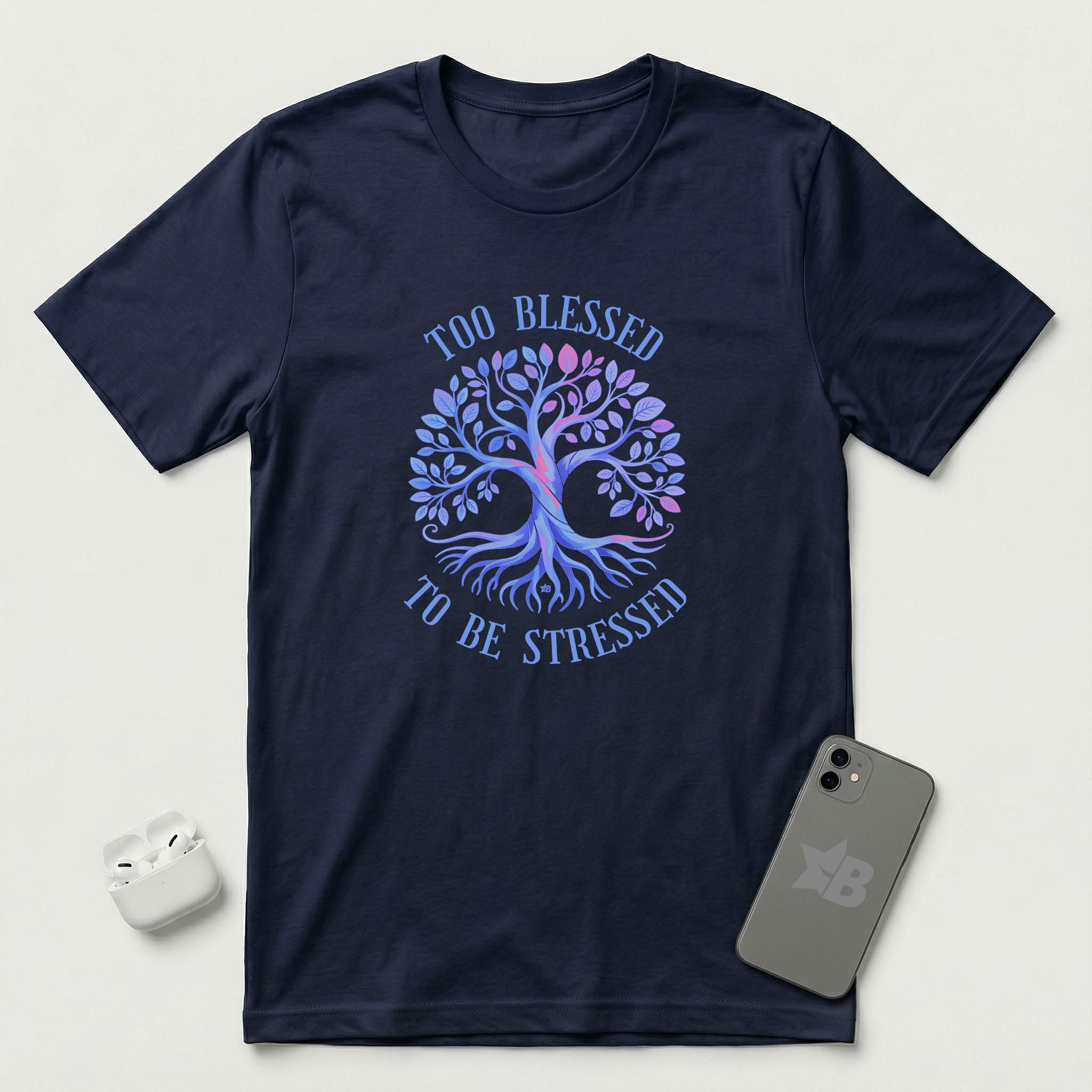 Too Blessed To Be Stressed - Light Blue Tree - T-Shirt - Navy mockup