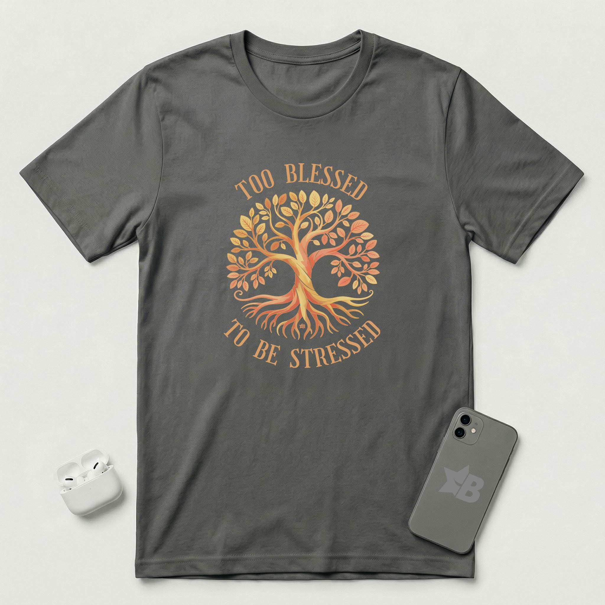 Too Blessed To Be Stressed - Sun Tree - T-Shirt - Asphalt mockup