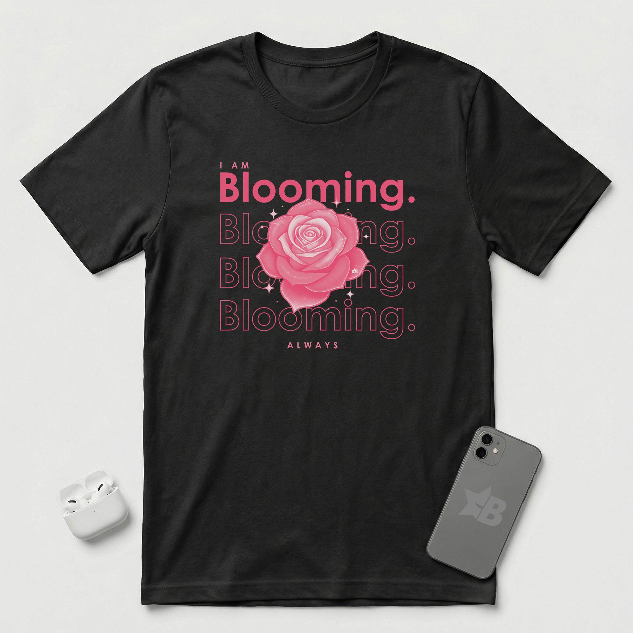 I am Blooming - Pink Flower - T-Shirt - Black mockup