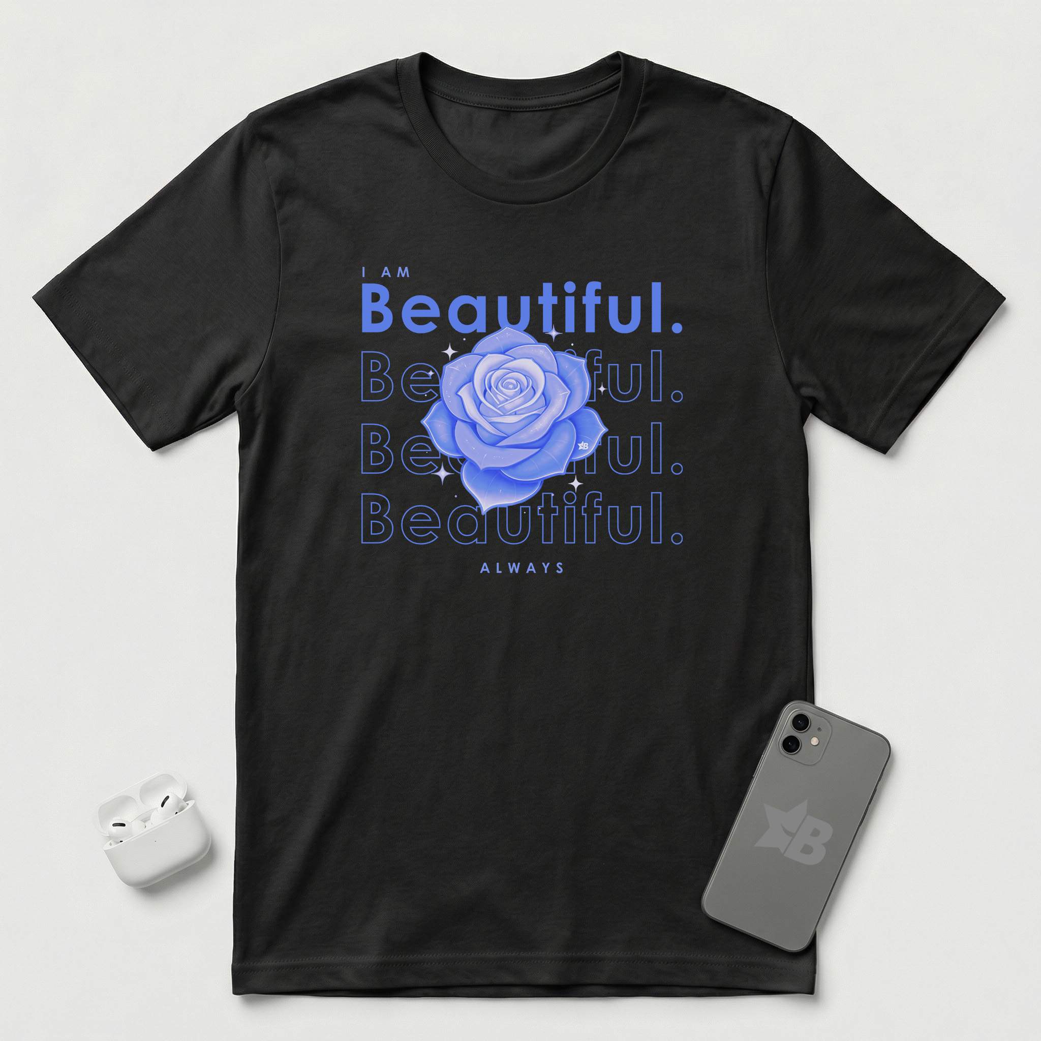 I am Beautiful - Lavender Blue Flower - T-Shirt - Black mockup
