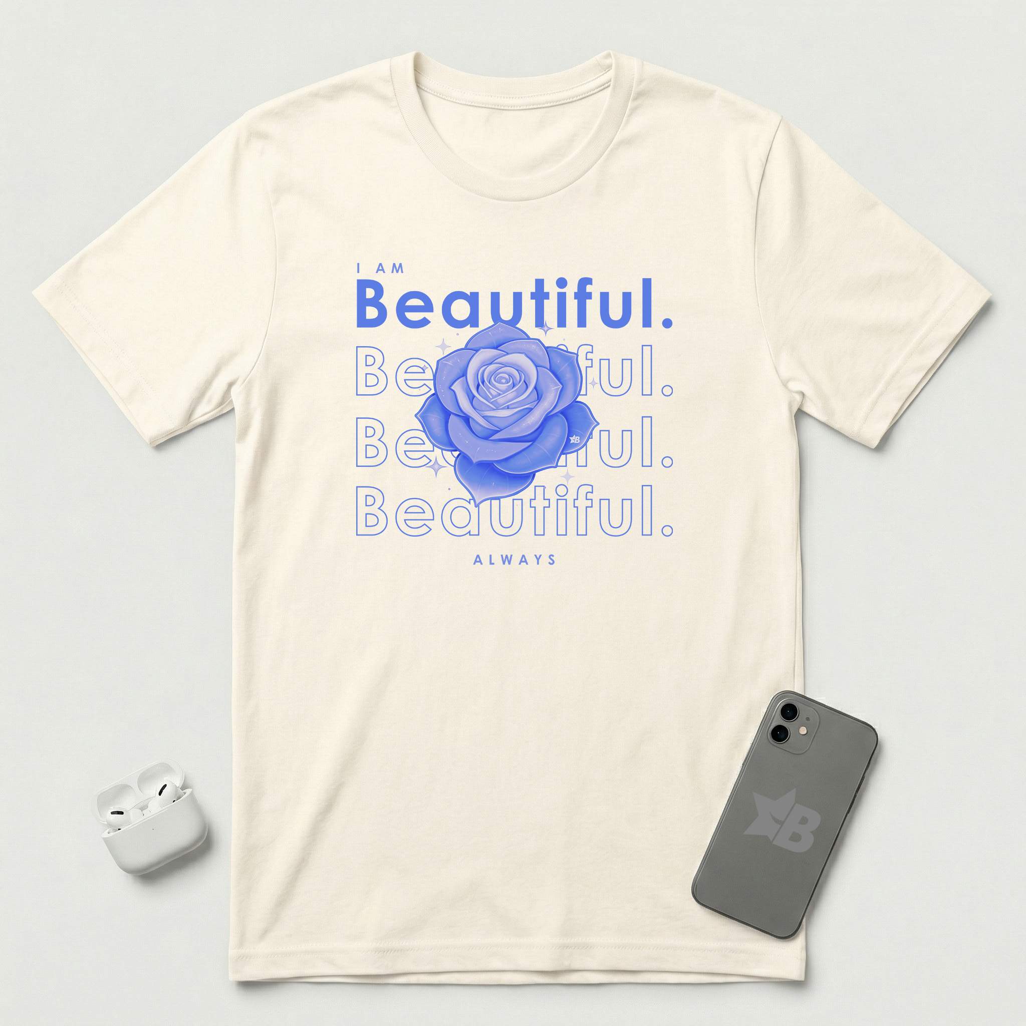 I am Beautiful - Lavender Blue Flower - T-Shirt - Natural mockup