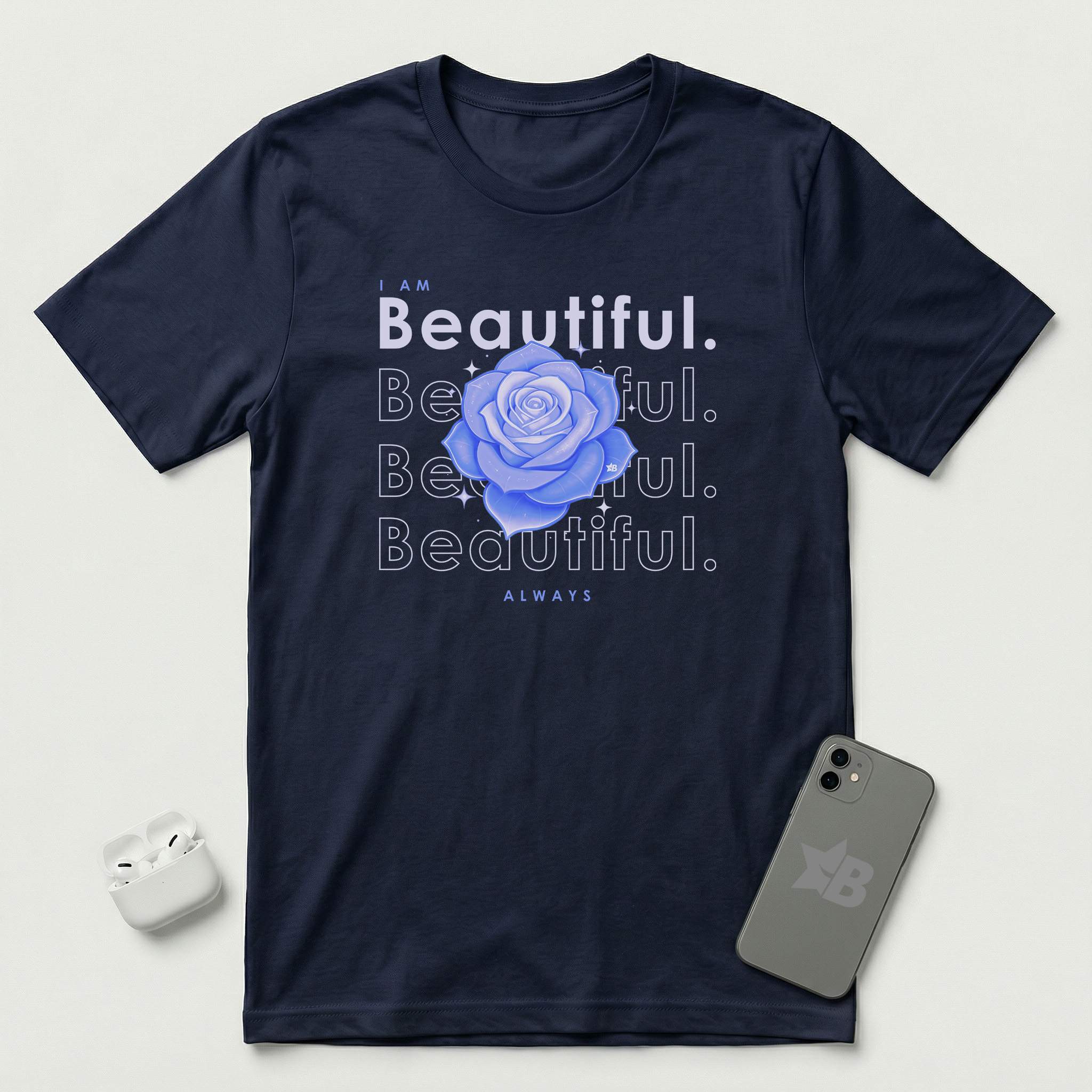 I am Beautiful - Lavender Blue Flower - T-Shirt - Navy mockup