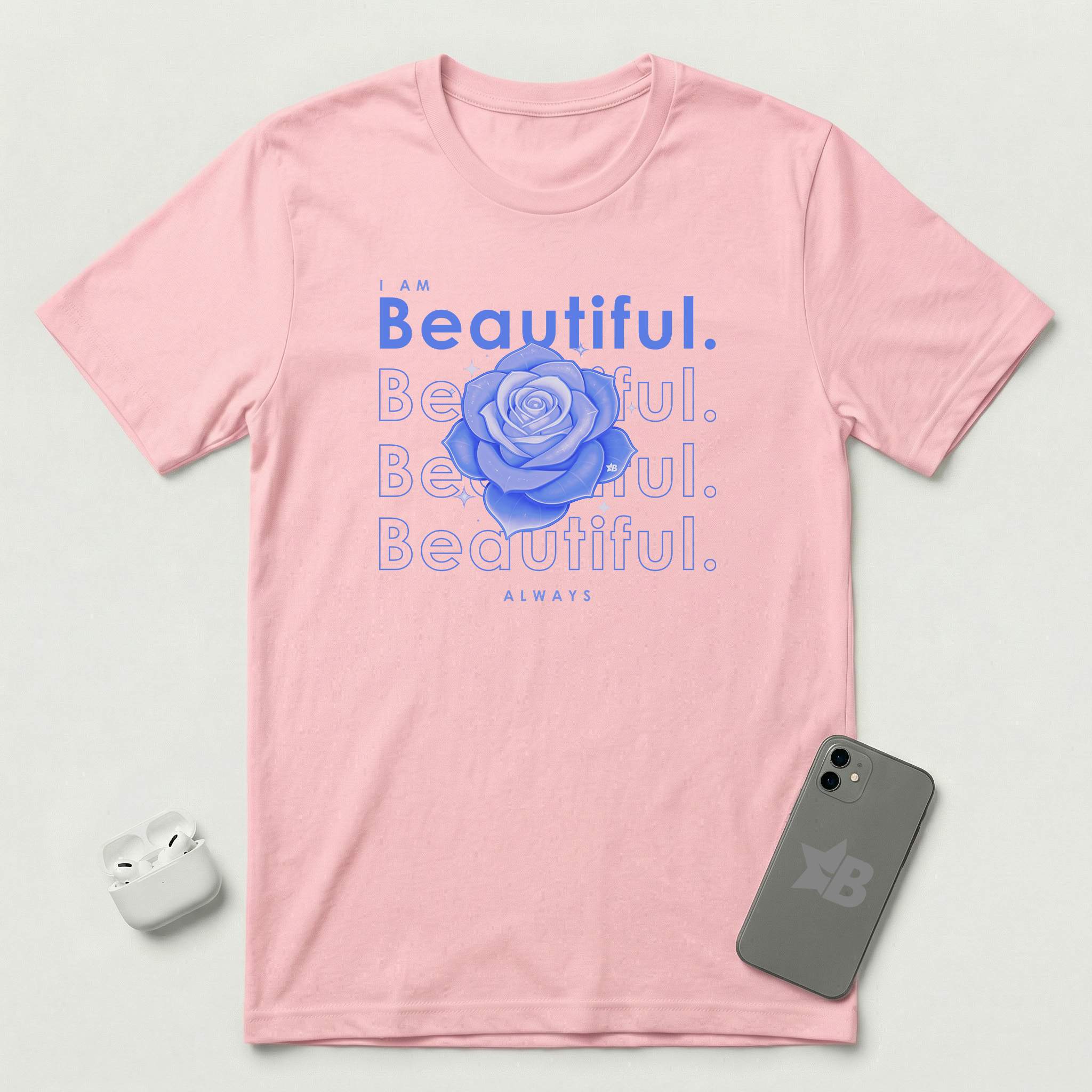 I am Beautiful - Lavender Blue Flower - T-Shirt - Pink mockup