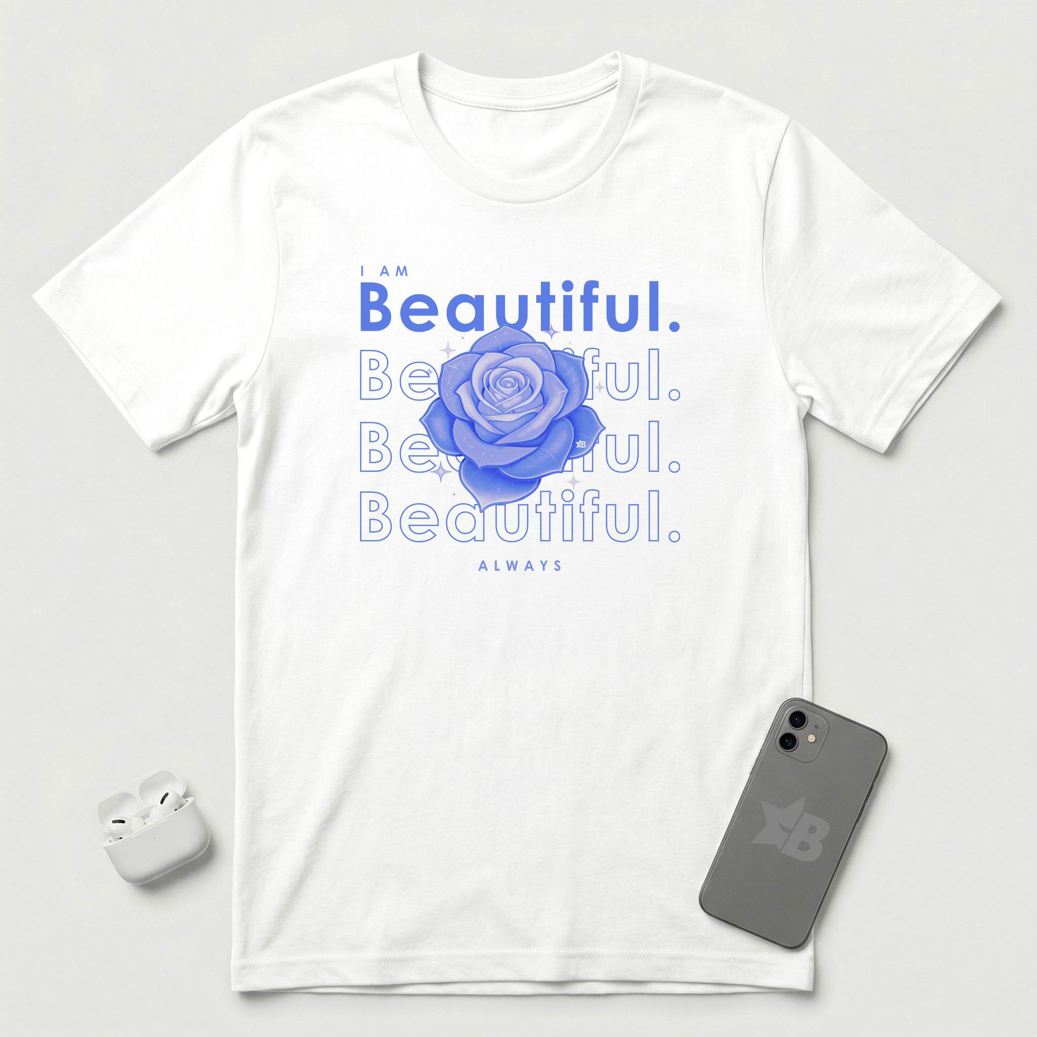 I am Beautiful - Lavender Blue Flower - T-Shirt - White mockup