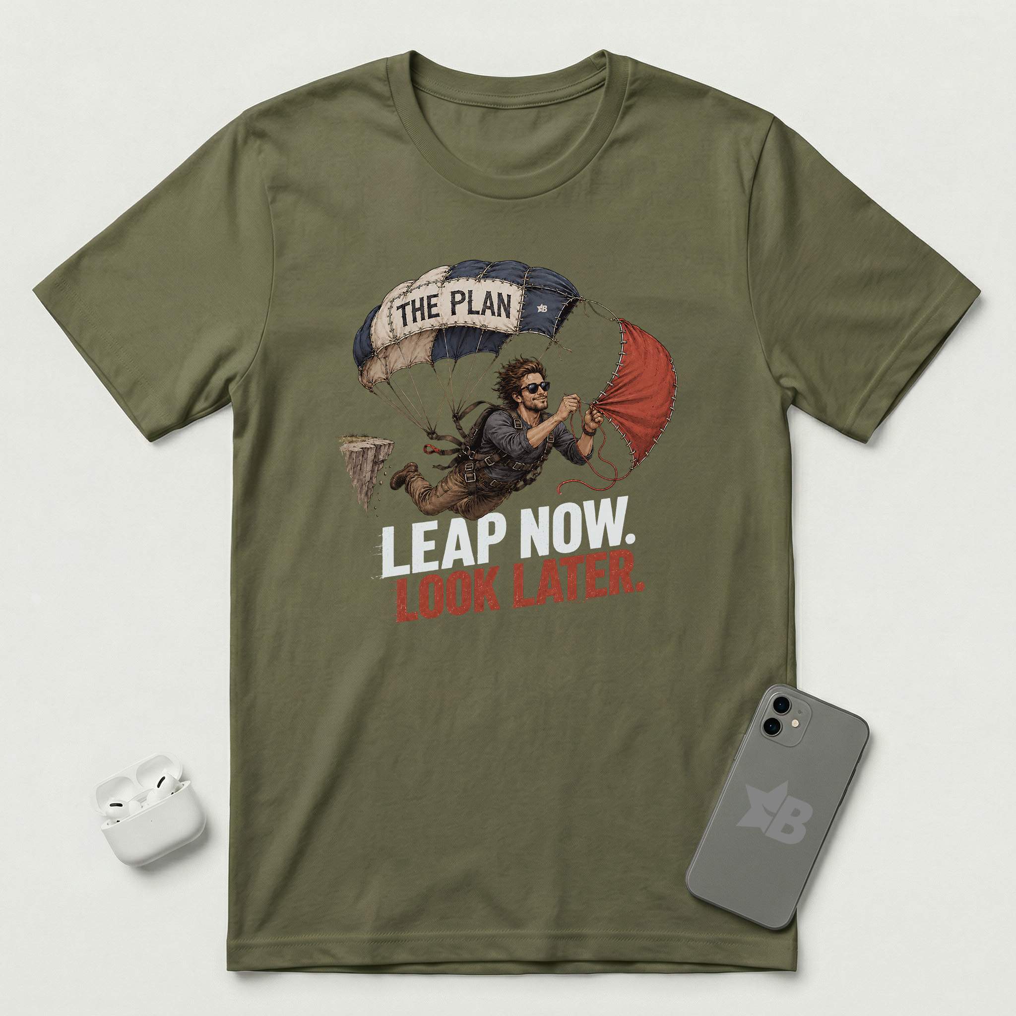 Leap Now Look Later -  Man - T-Shirt - Military Green mockup