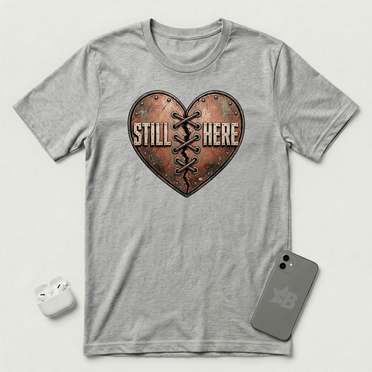 Still Here - Stitched Heart - T-Shirt - Athletic Heather mockup
