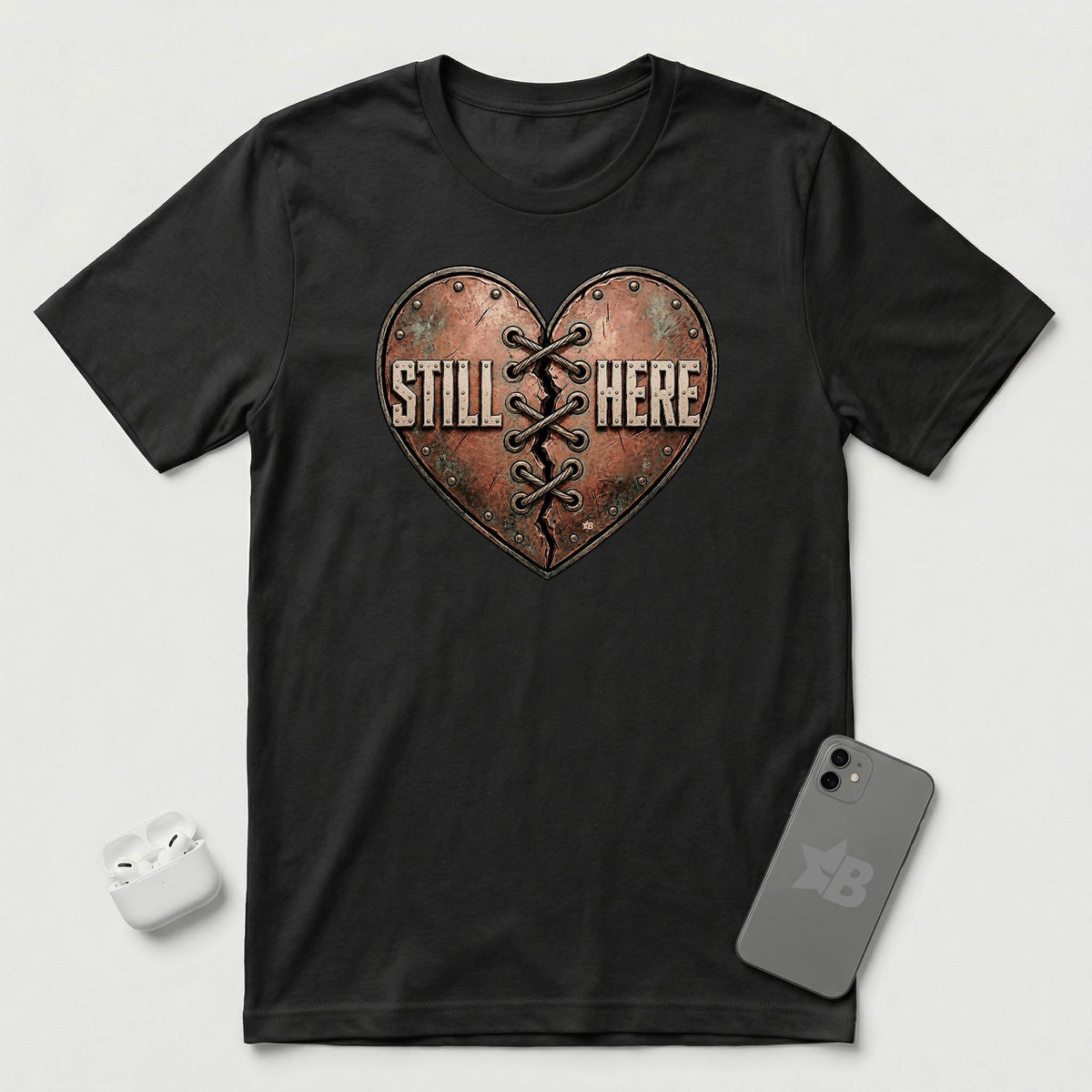 Still Here - Stitched Heart - T-Shirt - Black mockup