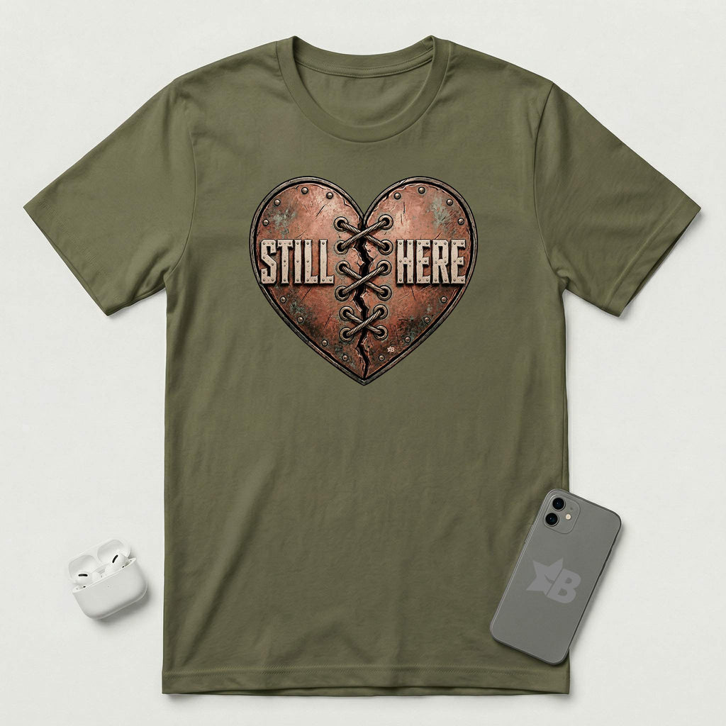 Still Here - Stitched Heart - T-Shirt - Military Green mockup