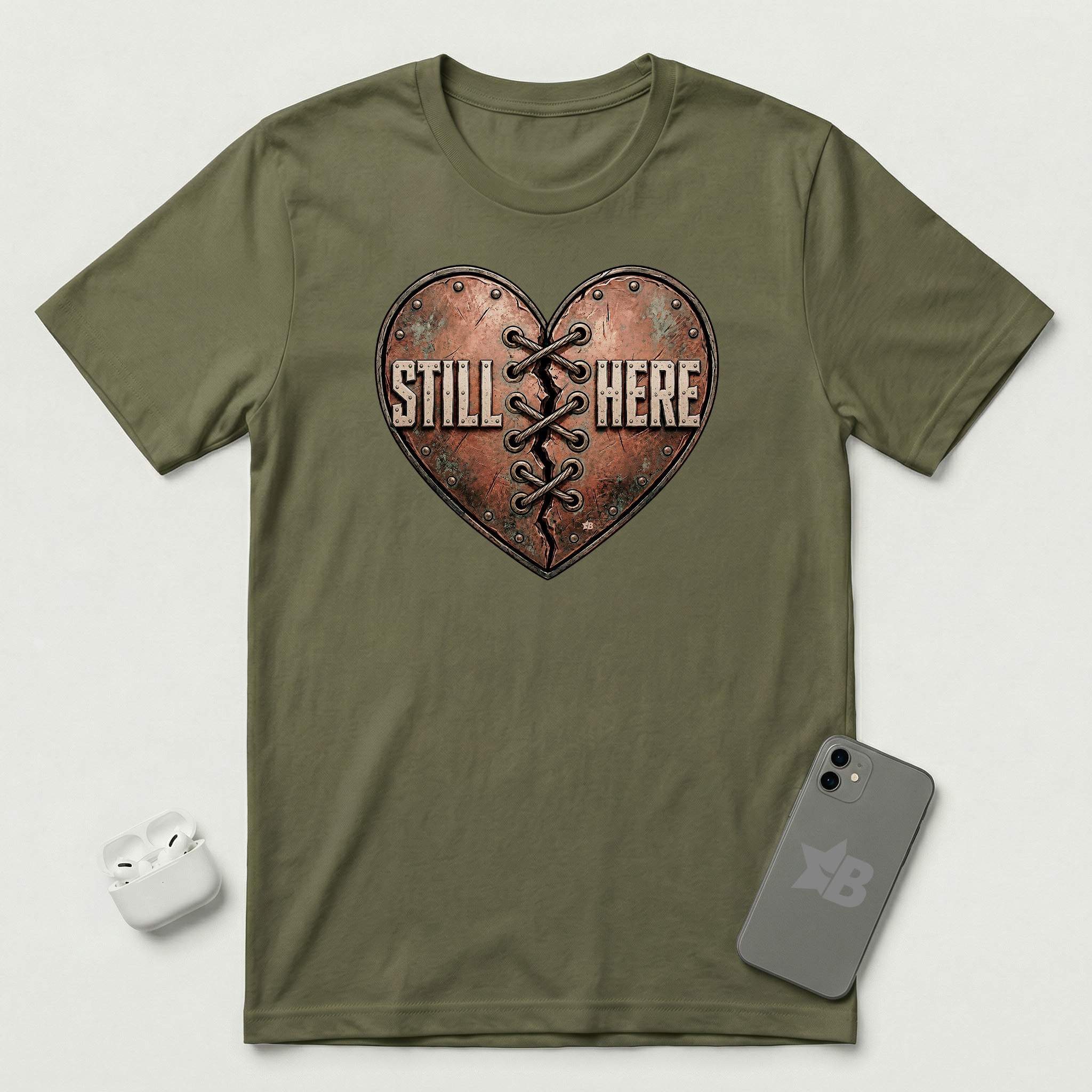 Still Here - Stitched Heart - T-Shirt - Military Green mockup