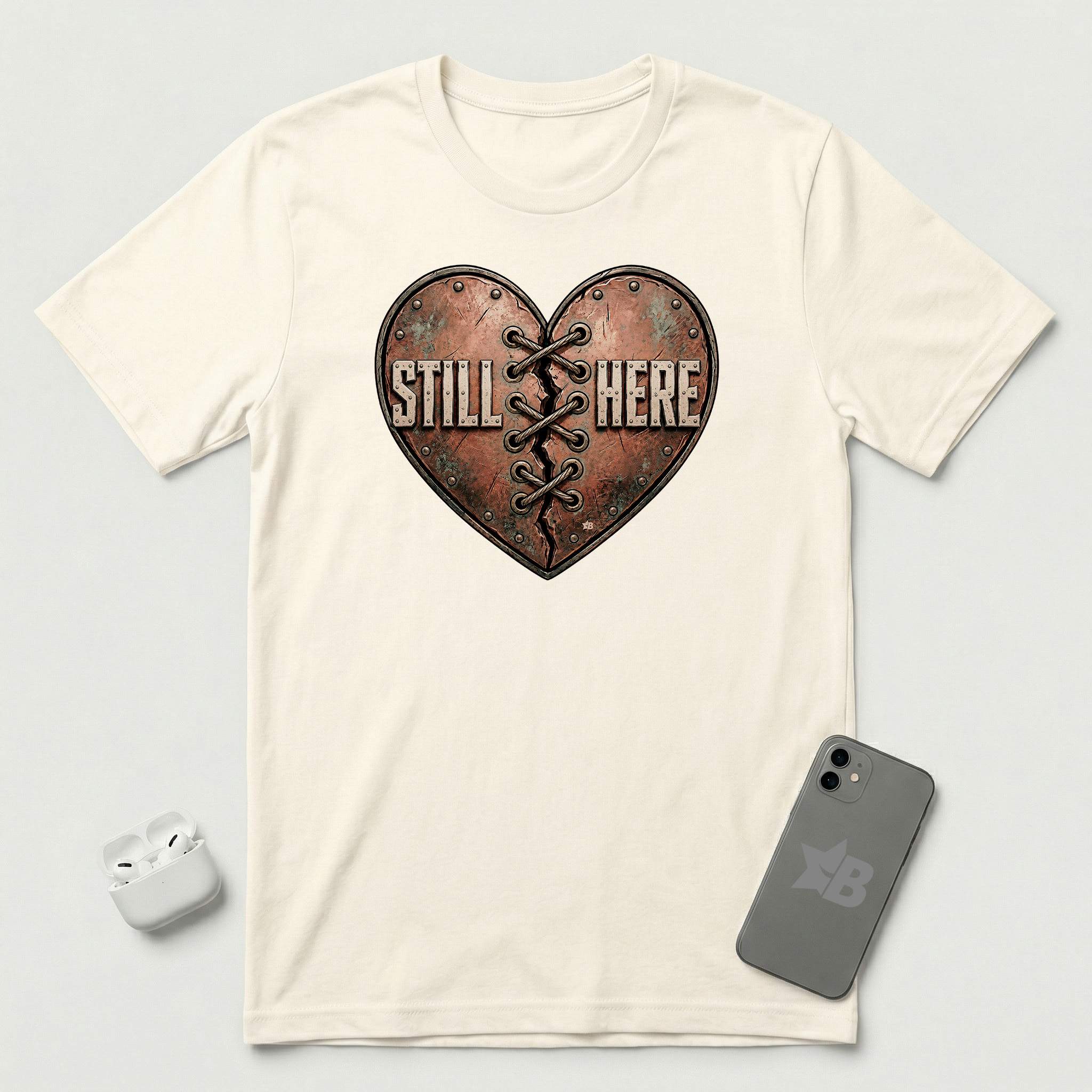 Still Here - Stitched Heart - T-Shirt - Natural mockup