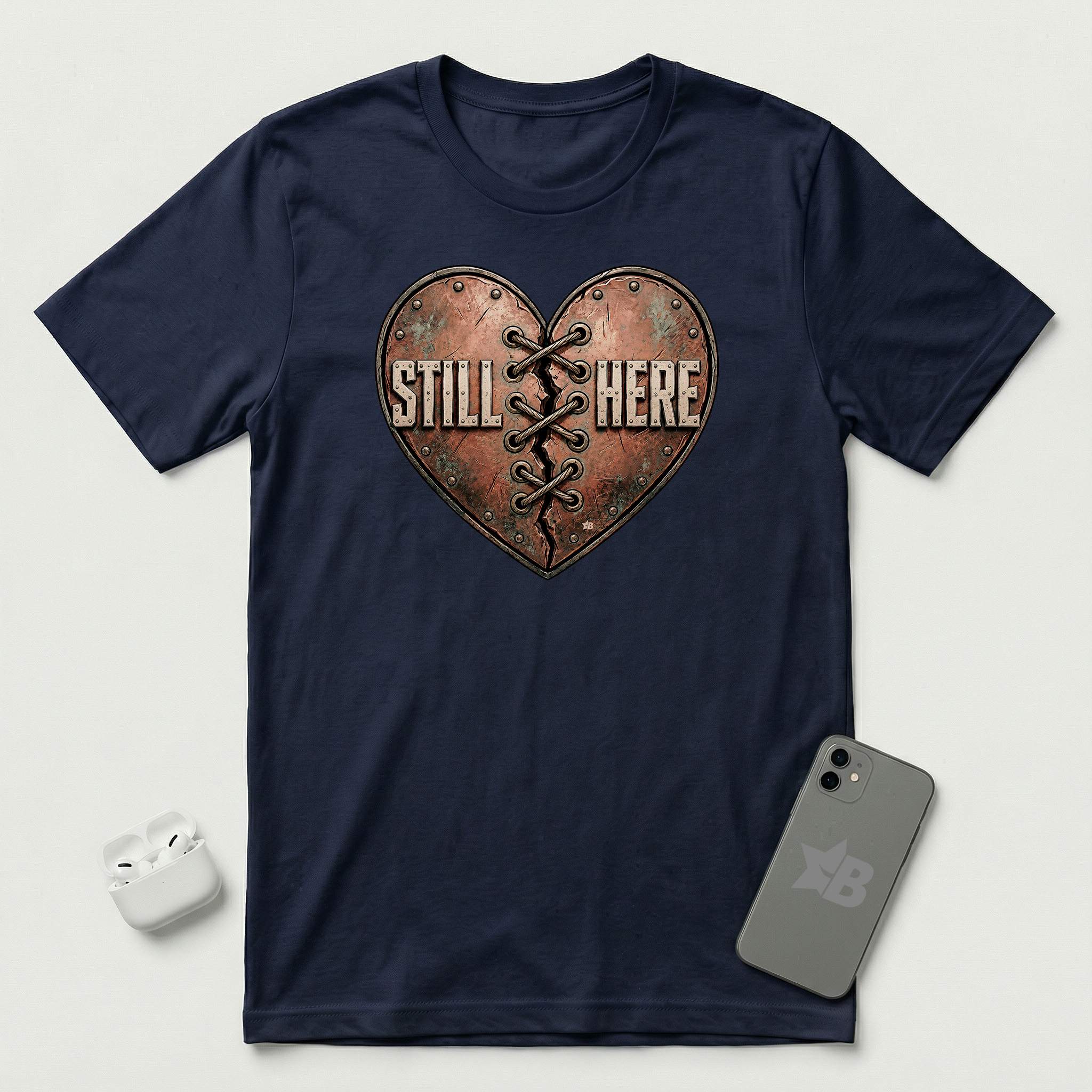 Still Here - Stitched Heart - T-Shirt - Navy mockup