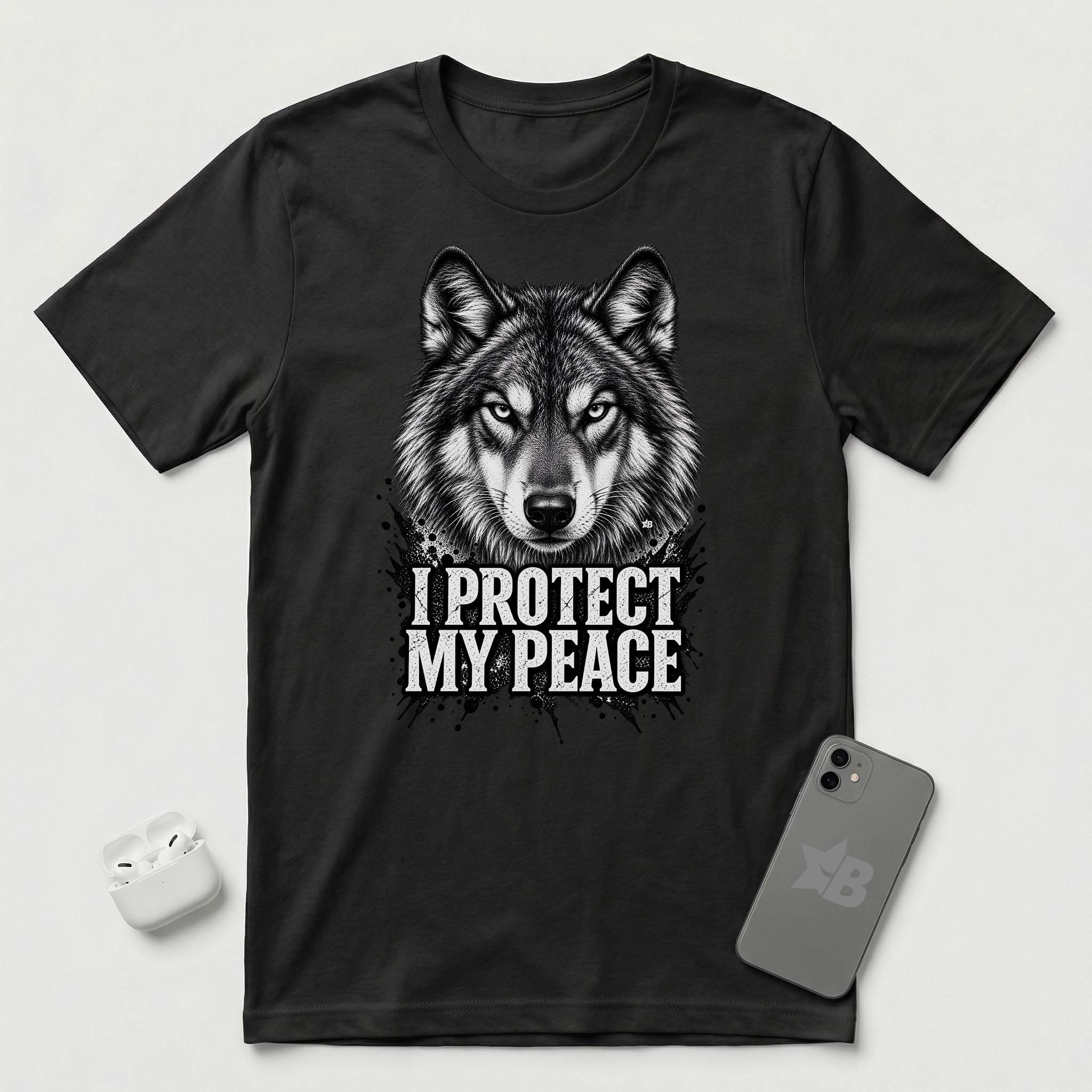 I Protect My Peace - Watchful Wolf - T-Shirt - Black mockup