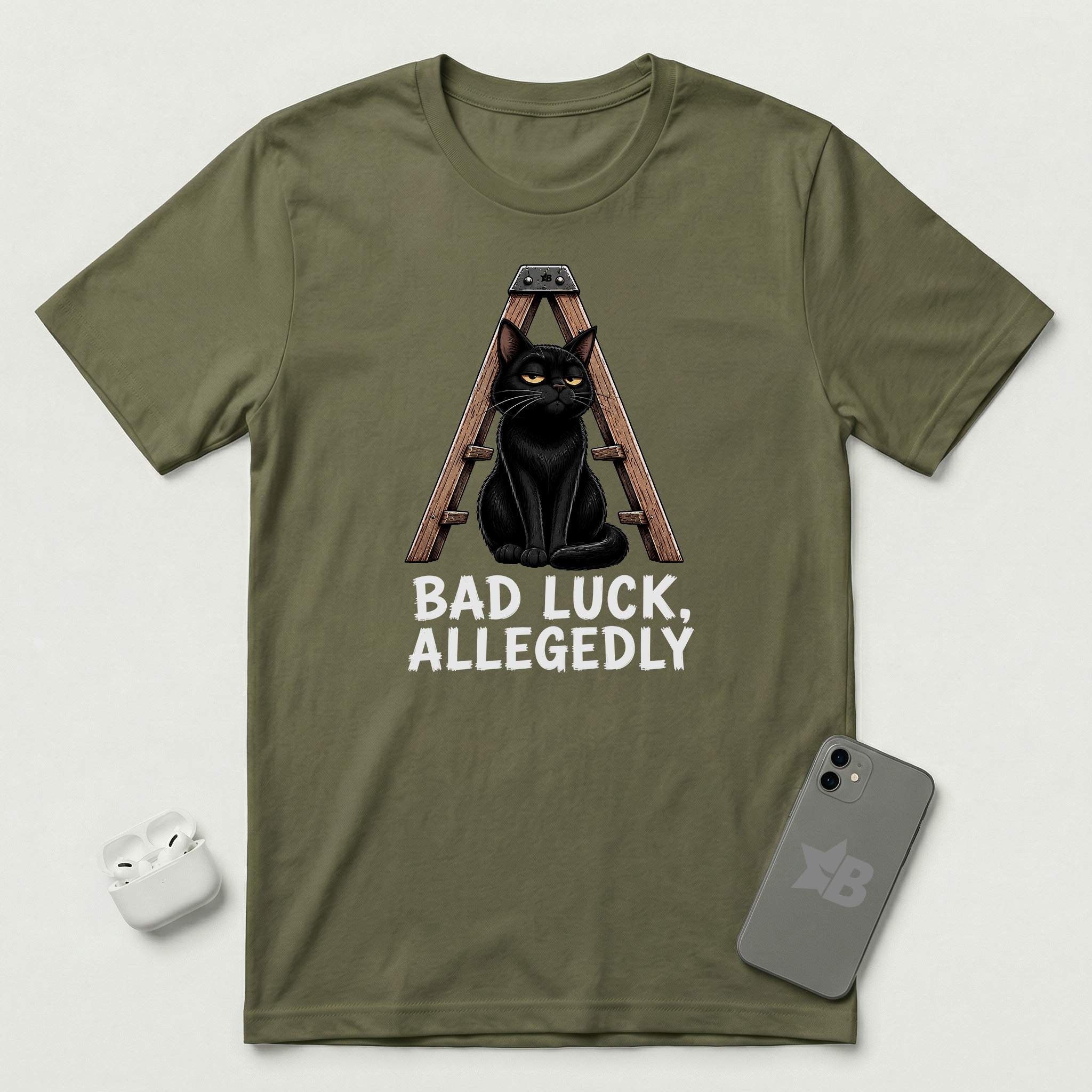 Bad Luck, Allegedly - Black Cat - T-Shirt - Military Green mockup
