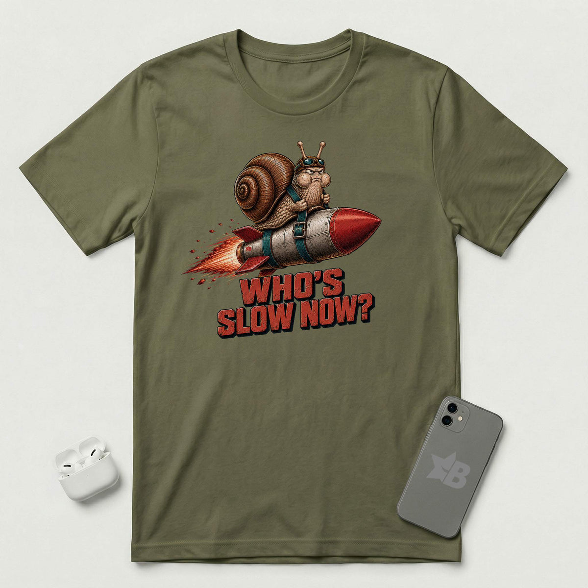 Who's Slow Now? - Snail Rocket - T-Shirt - Military Green mockup