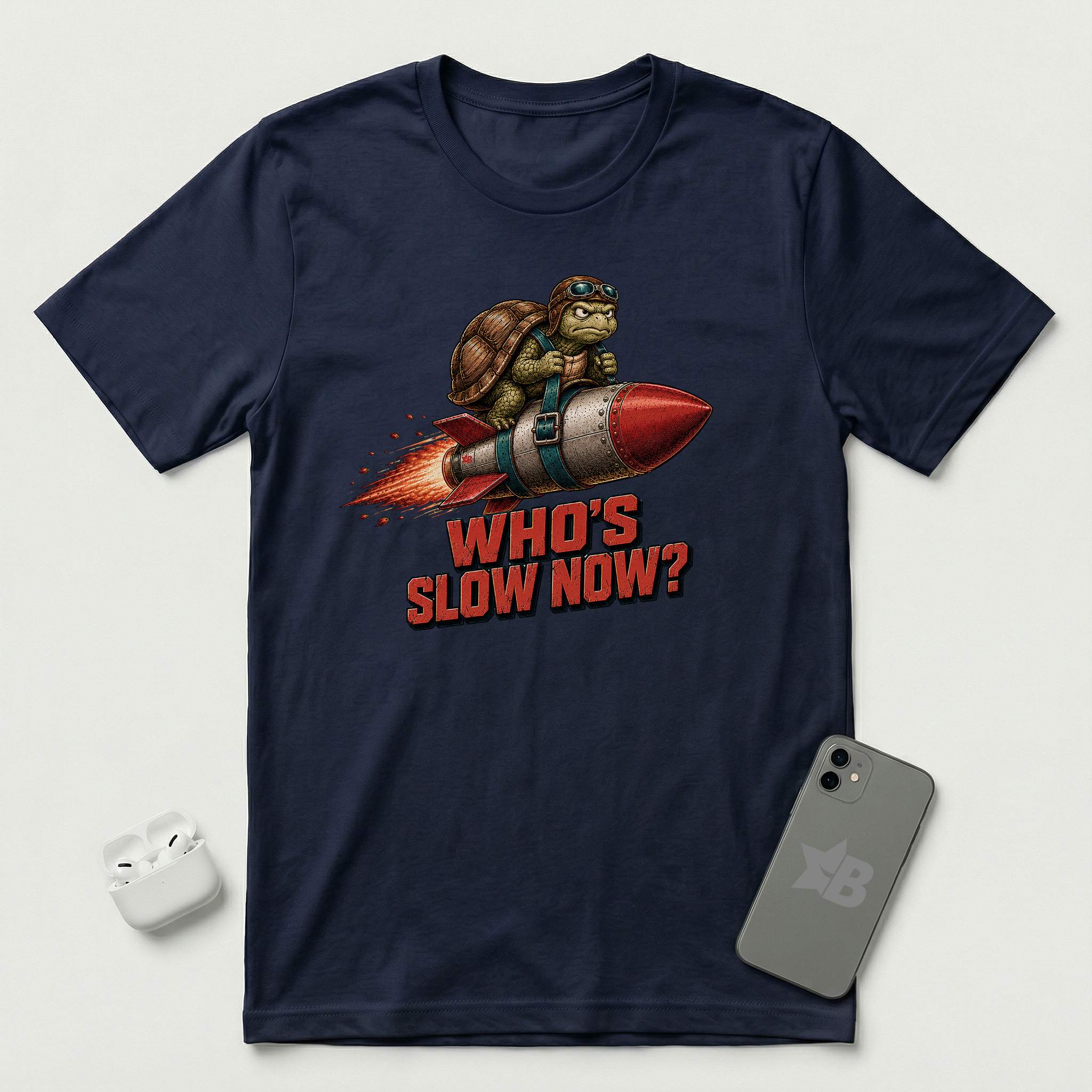 Who's Slow Now? - Turtle Rocket - T-Shirt - Navy mockup
