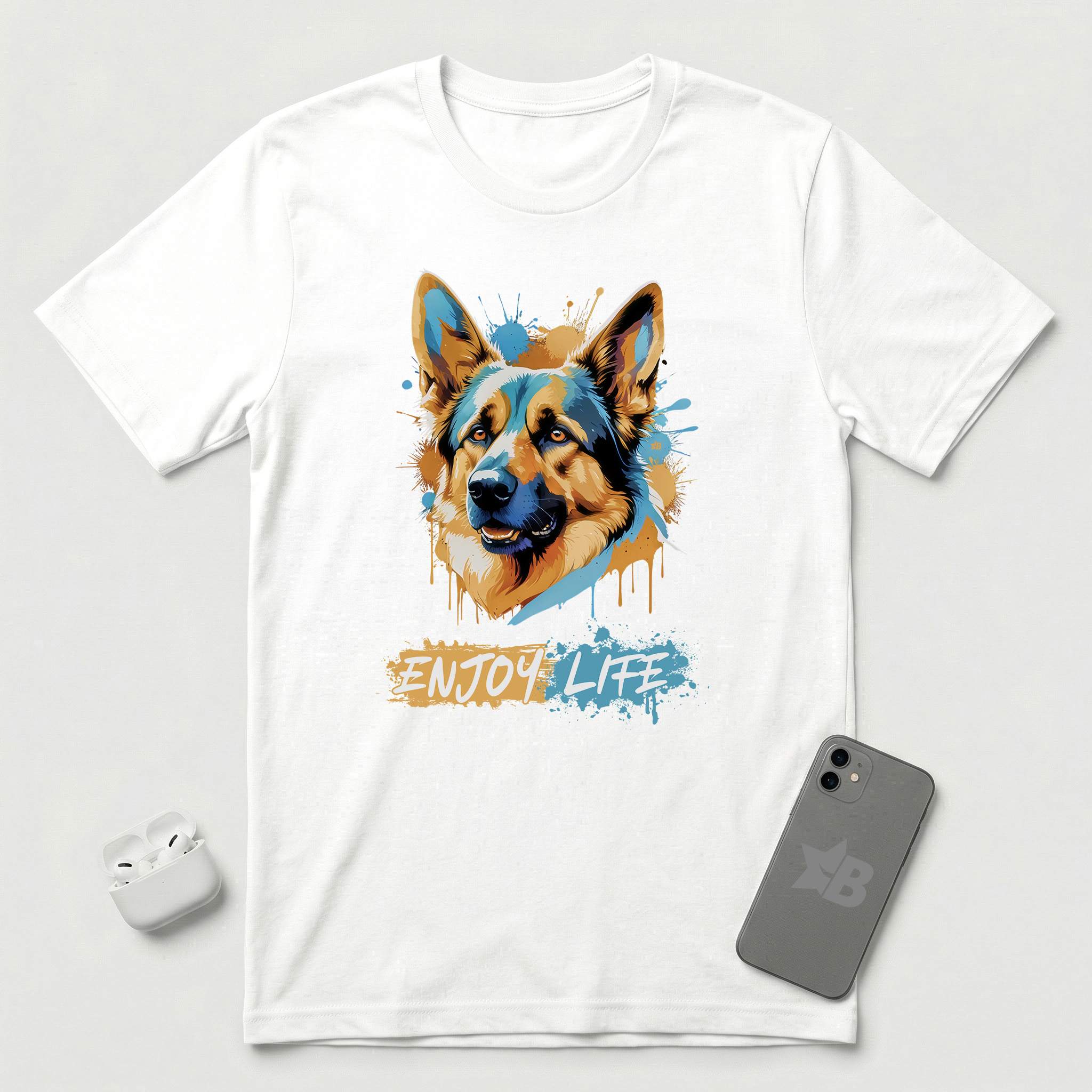Enjoy Life - Blue Dog - T-Shirt - White mockup
