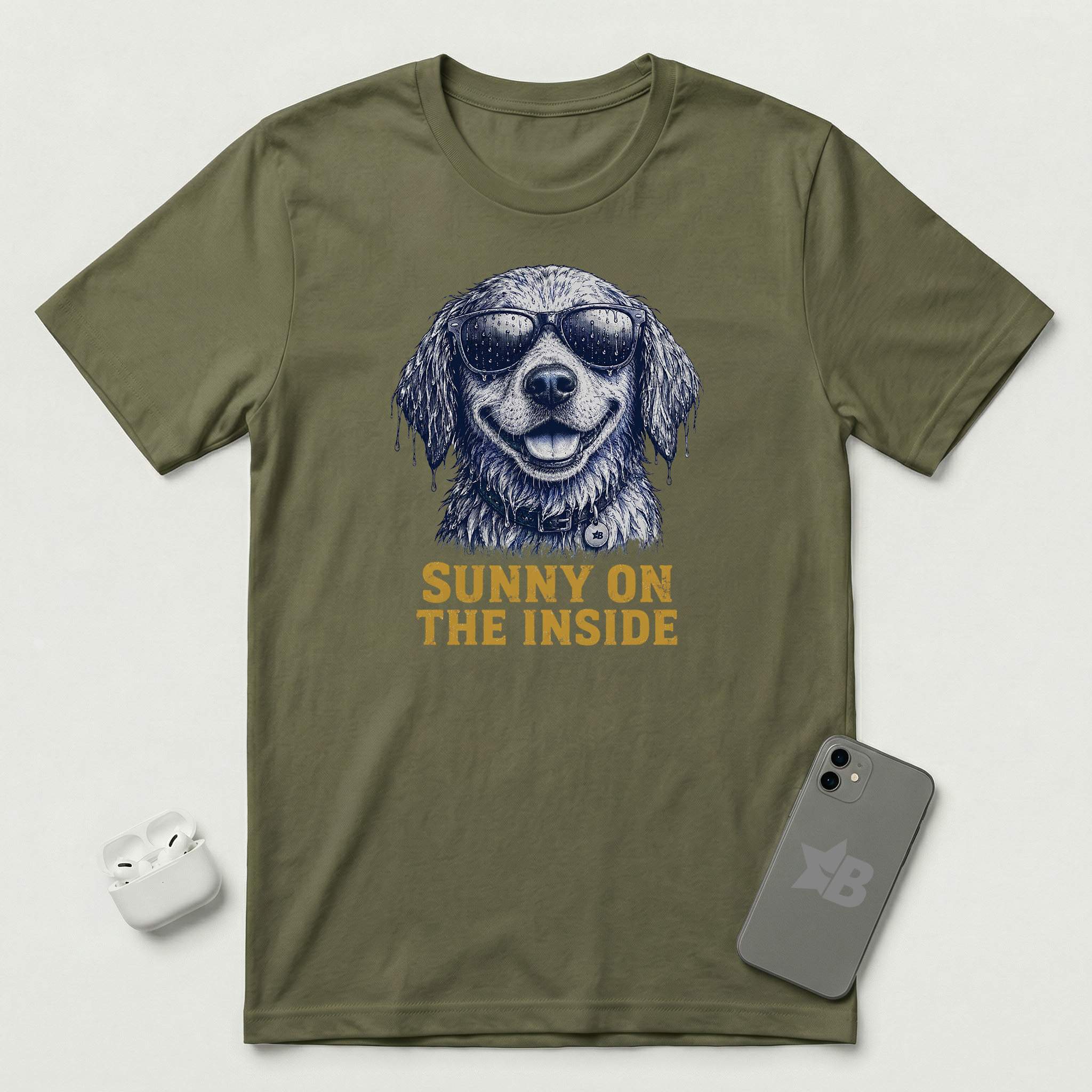 Sunny On The Inside - Soaked Dog - T-Shirt - Military Green mockup