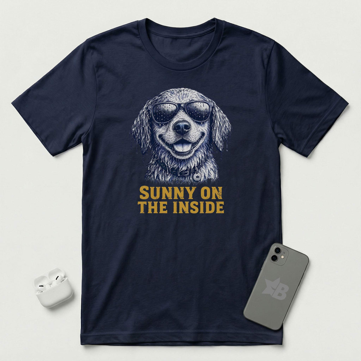 Sunny On The Inside - Soaked Dog - T-Shirt - Navy mockup