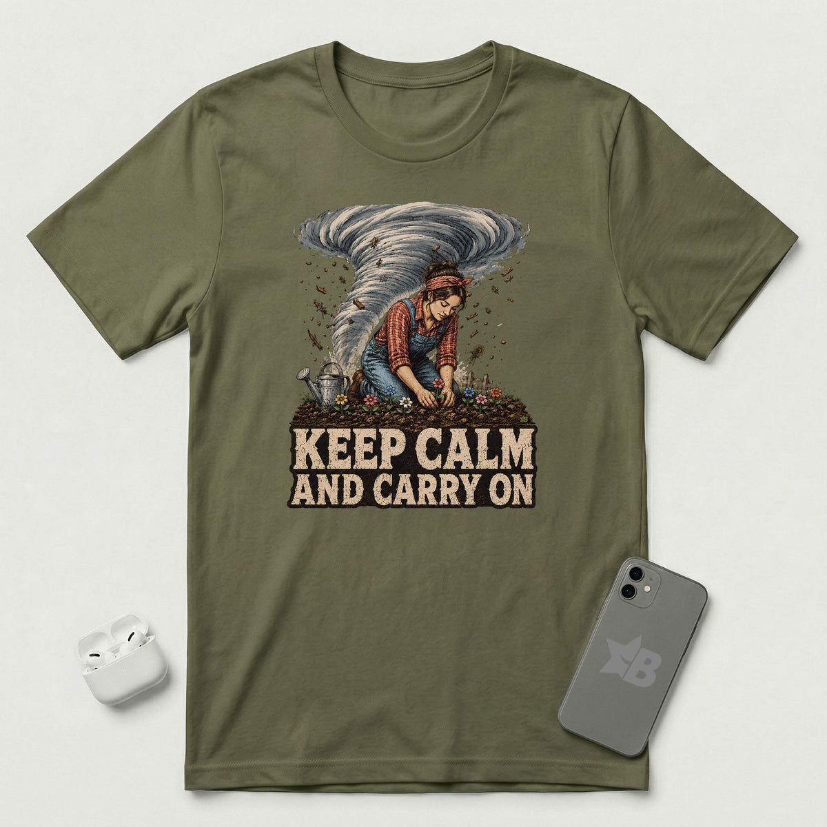 Keep Calm And Carry On - Grounded Woman - T-Shirt - Military Green mockup