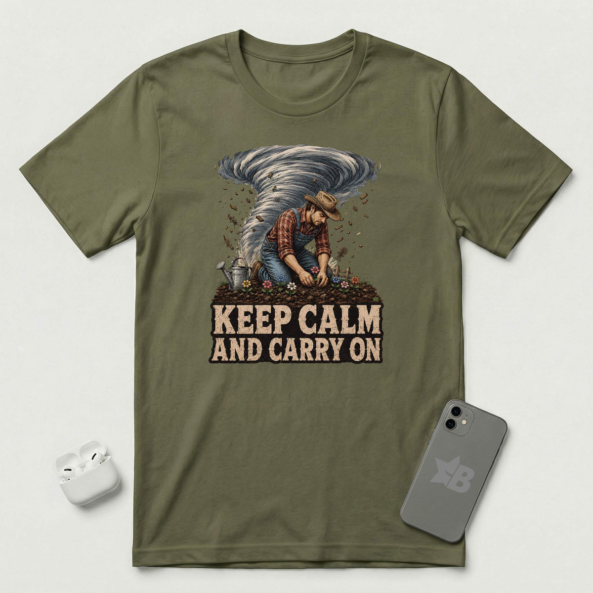 Keep Calm And Carry On - Grounded Man - T-Shirt - Military Green mockup