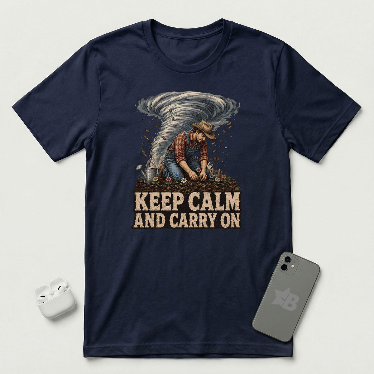 Keep Calm And Carry On - Grounded Man - T-Shirt - Navy mockup