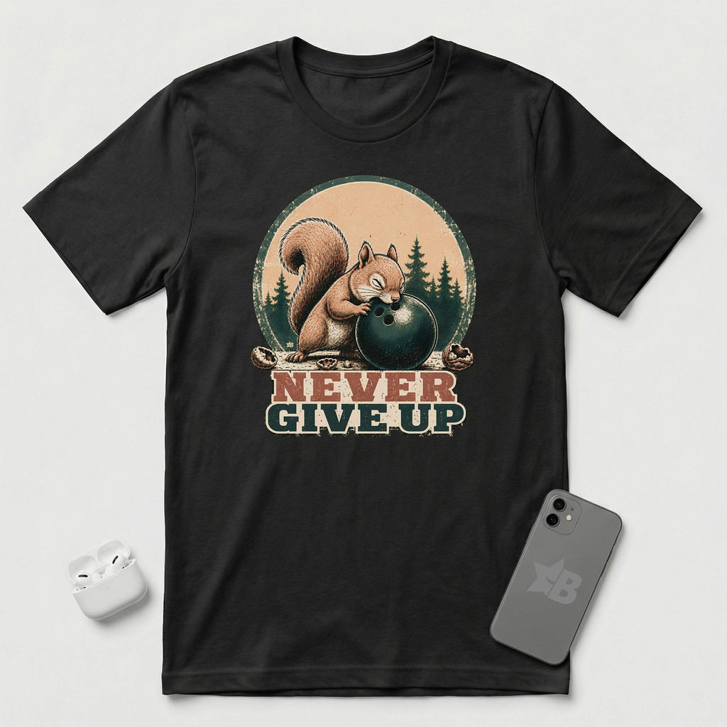 Never Give Up - Little Nutcase Squirrel - T-Shirt - Black mockup