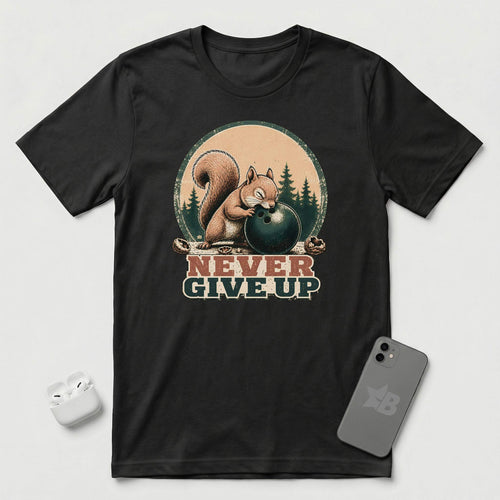 Never Give Up - Little Nutcase Squirrel - T-Shirt - Black mockup