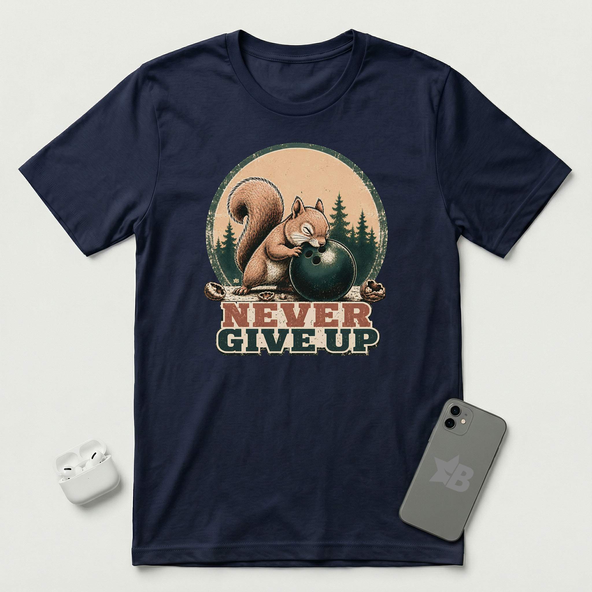 Never Give Up - Little Nutcase Squirrel - T-Shirt - Navy mockup