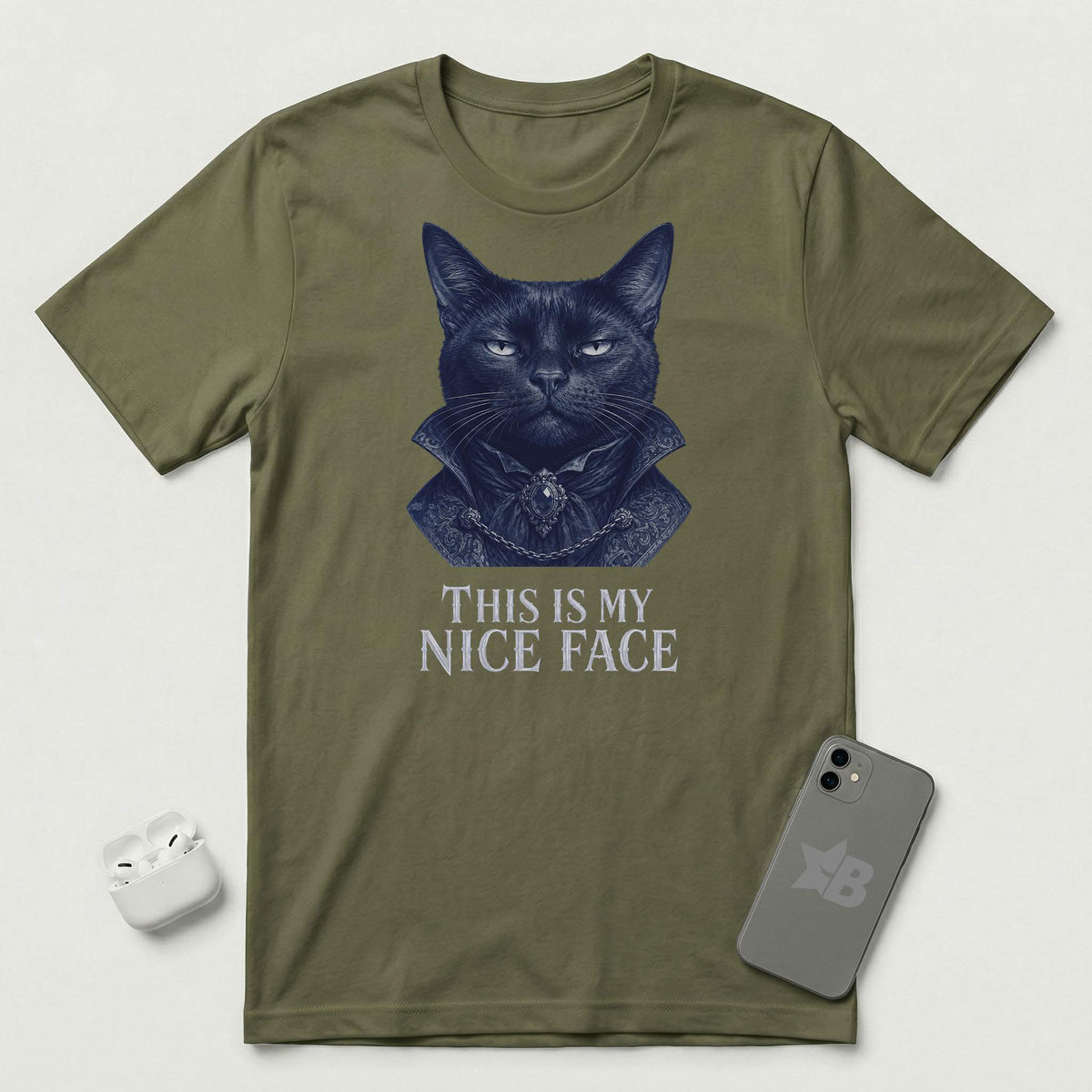 This Is My Nice Face - Regal Cat - T-Shirt - Military Green mockup